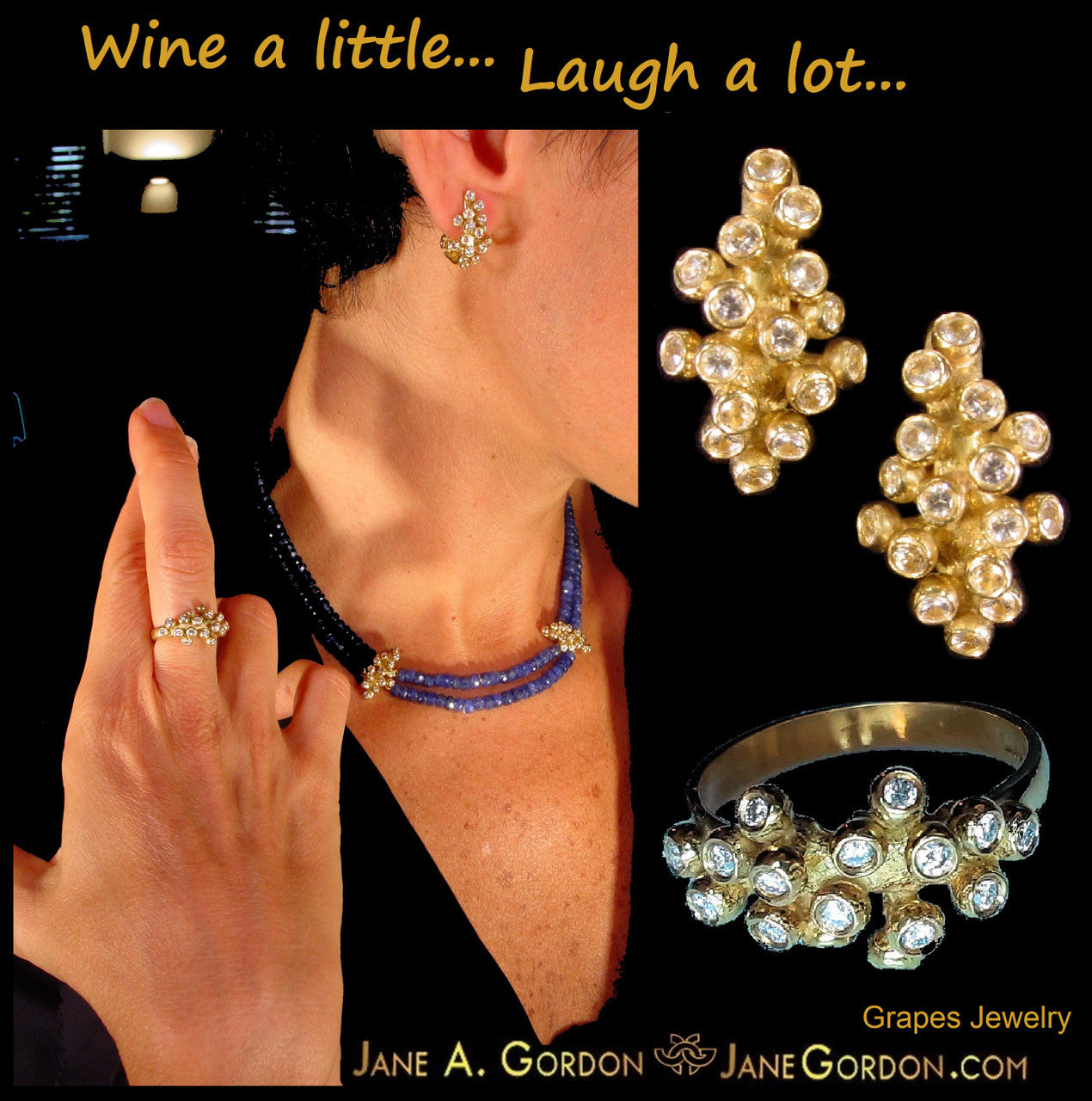 Grapes Necklace, 14K Gold with Diamonds: Lariat Style on Handmade Chain