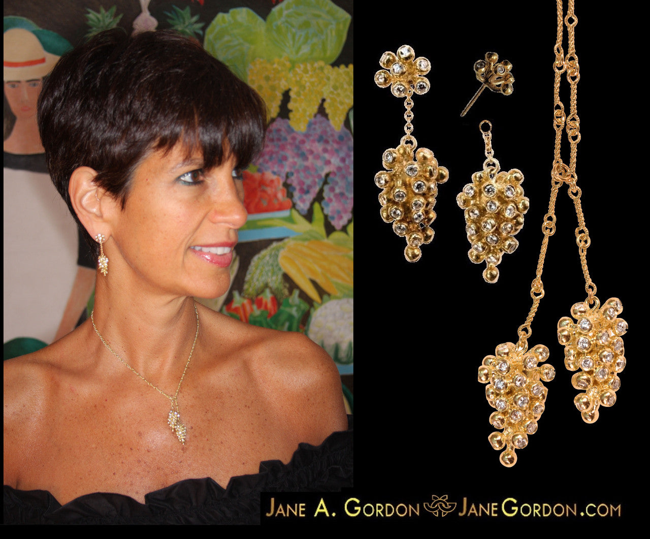 Grapes Drop Earrings- 2 parts-Detachable Stud. 18K Gold with diamonds
