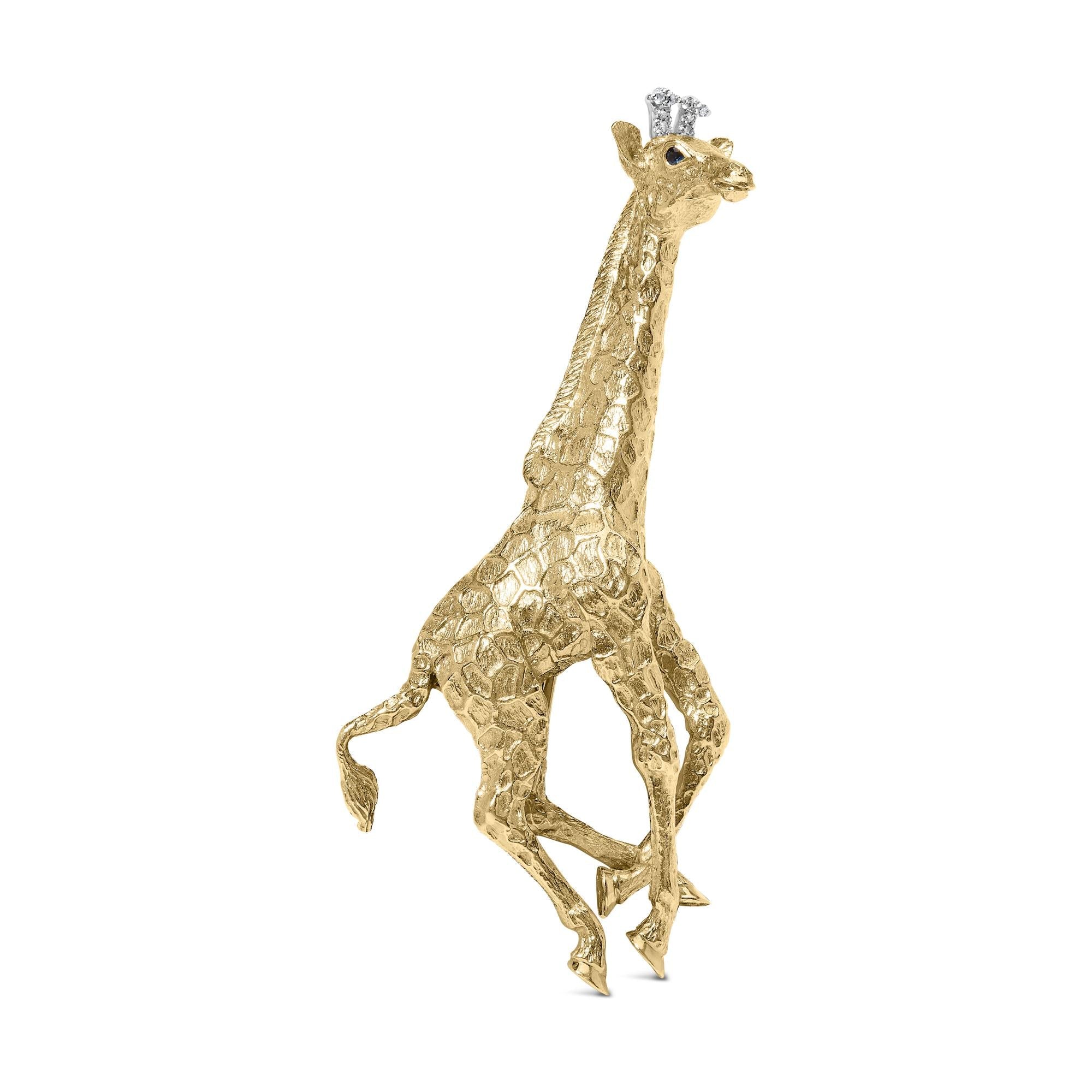18K Yellow Gold Diamond Accent and Blue Sapphire Giraffe Pin Brooch (G-H Color, VS2-SI1 Clarity)-0