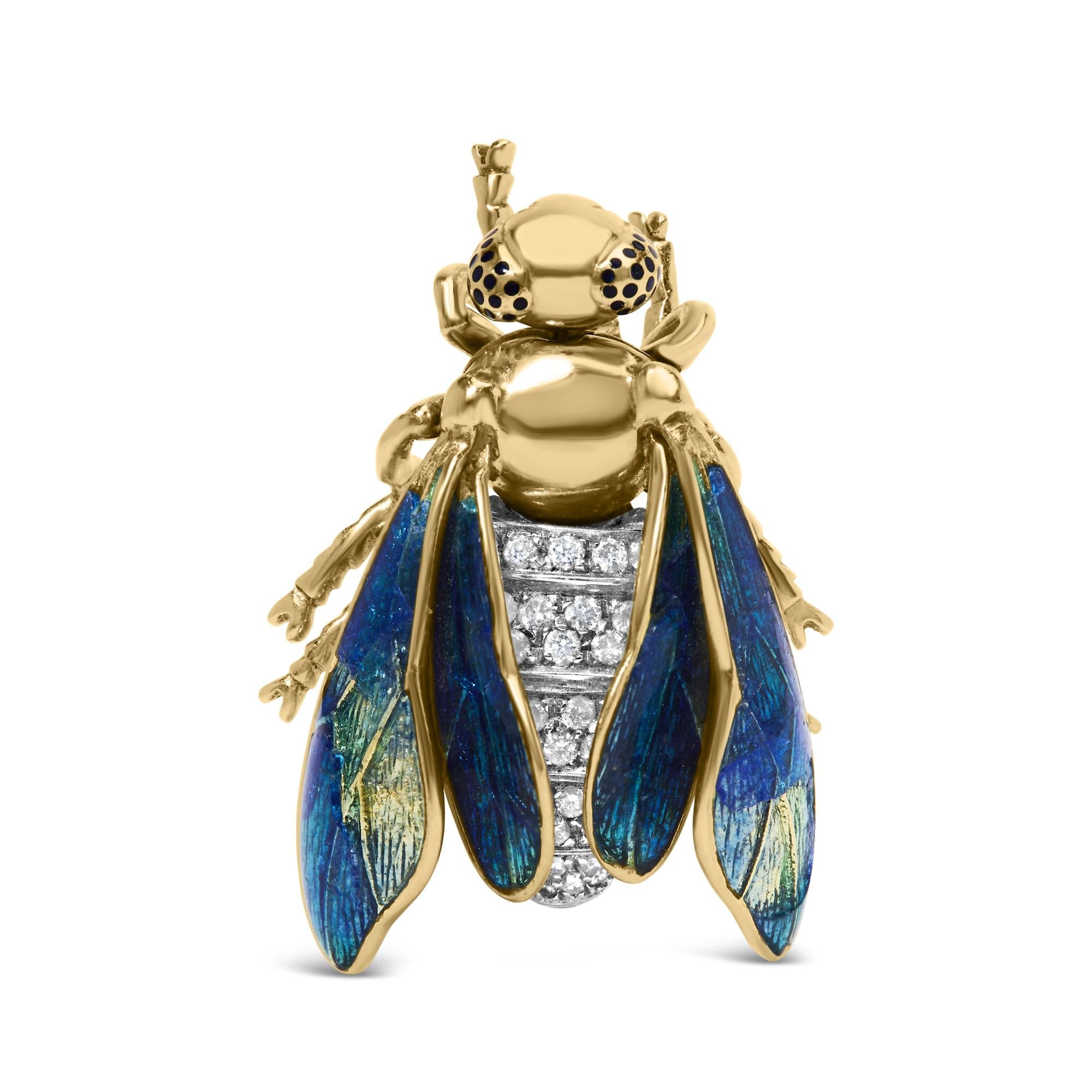 18K Yellow Gold 1/2 Cttw Pave Set Diamond and Blue-Green Enamel Bumblebee Brooch Pin (F-G Color, VS1-VS2 Clarity)-0