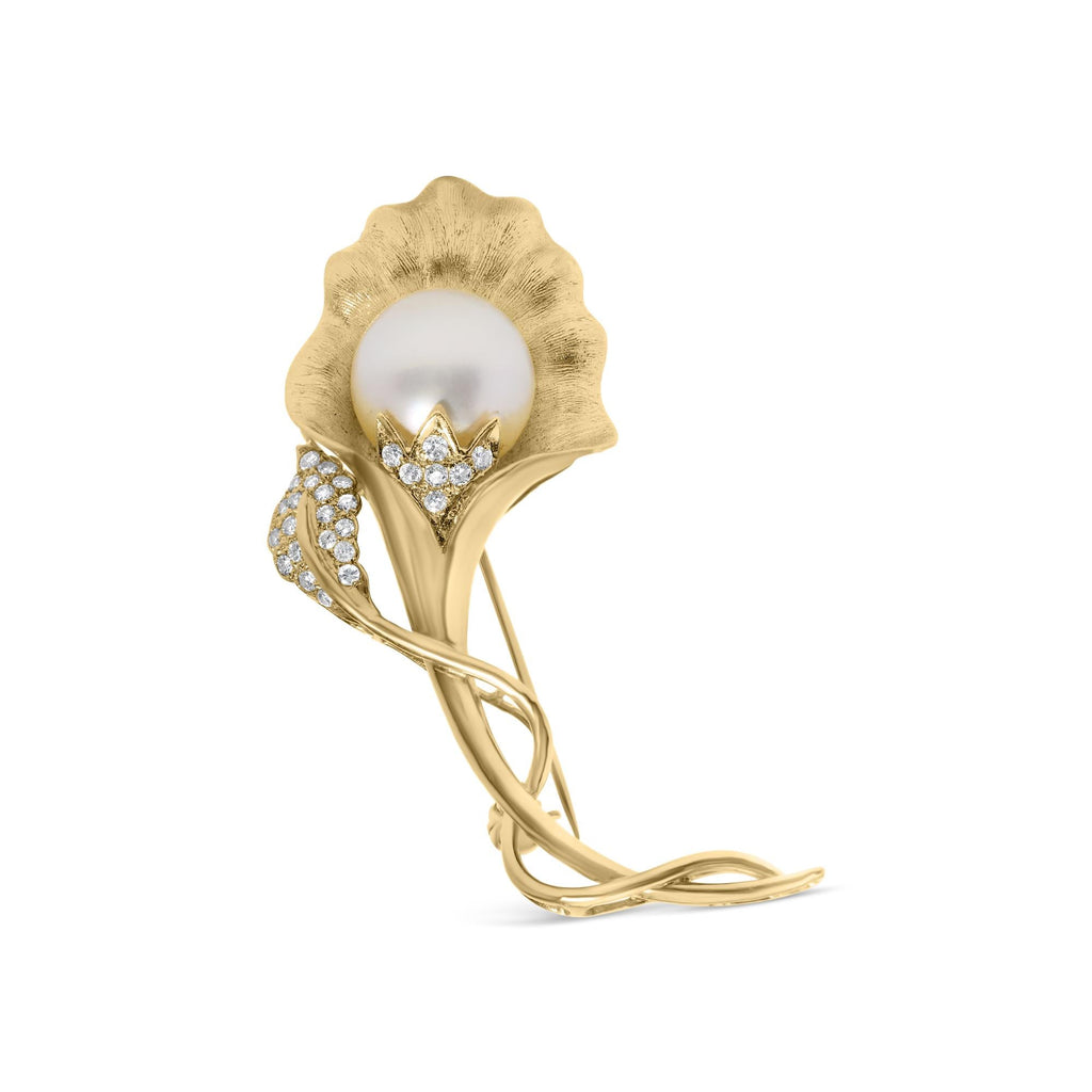 18K Yellow Gold 2/5 Cttw Diamond and 12MM Cultured South Sea Pearl Flower Pin Brooch (G-H Color, VS1-VS2 Clarity)-0