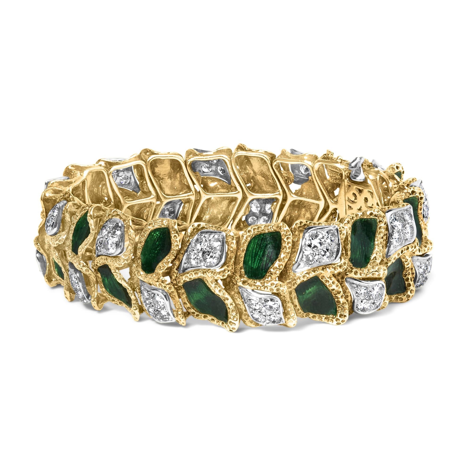 18K Yellow Gold 3 1/4 Cttw Diamond and Green Enamel Gold Textured Bracelet (G-H Color, VS1-VS2 Clarity) - 7" Inches-0