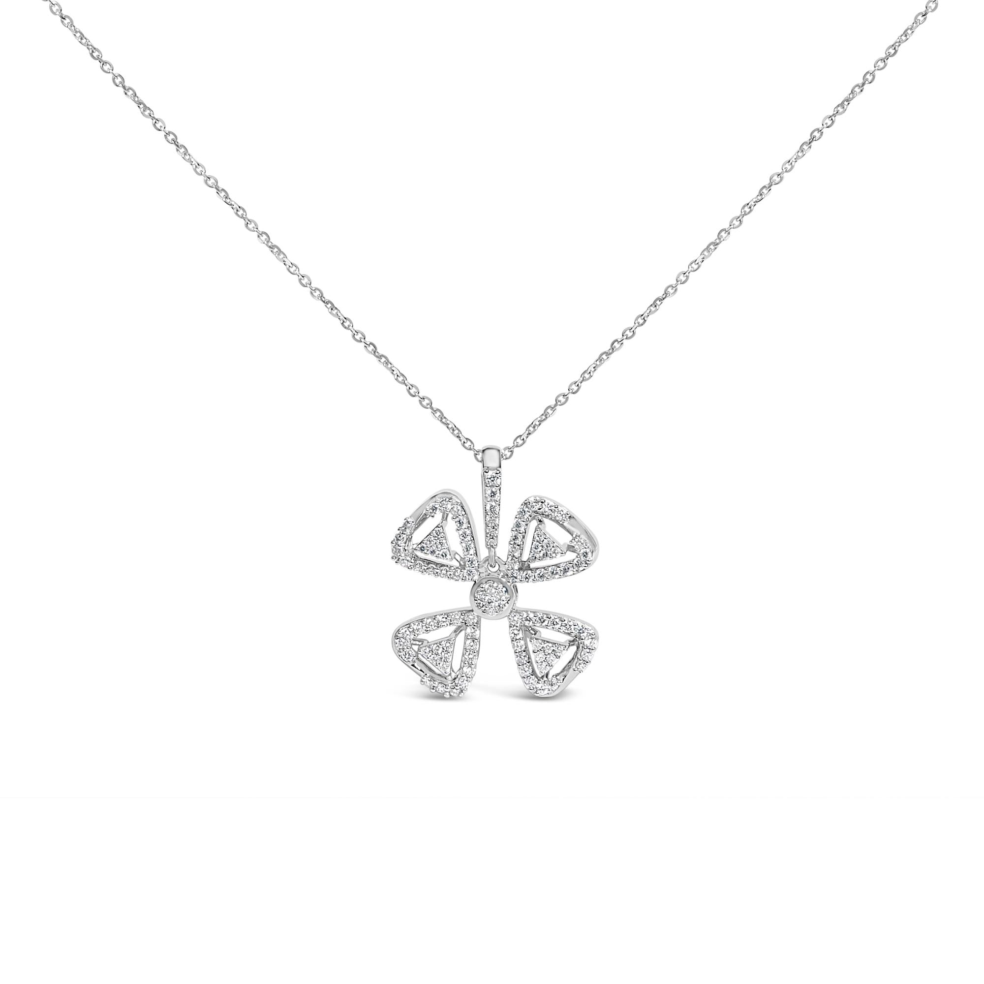 14K White Gold 5/8 Cttw Diamond 4 Leaf Floral Pendant Necklace (H-I Color, I1-I2 Clarity) - 18" Inches-0