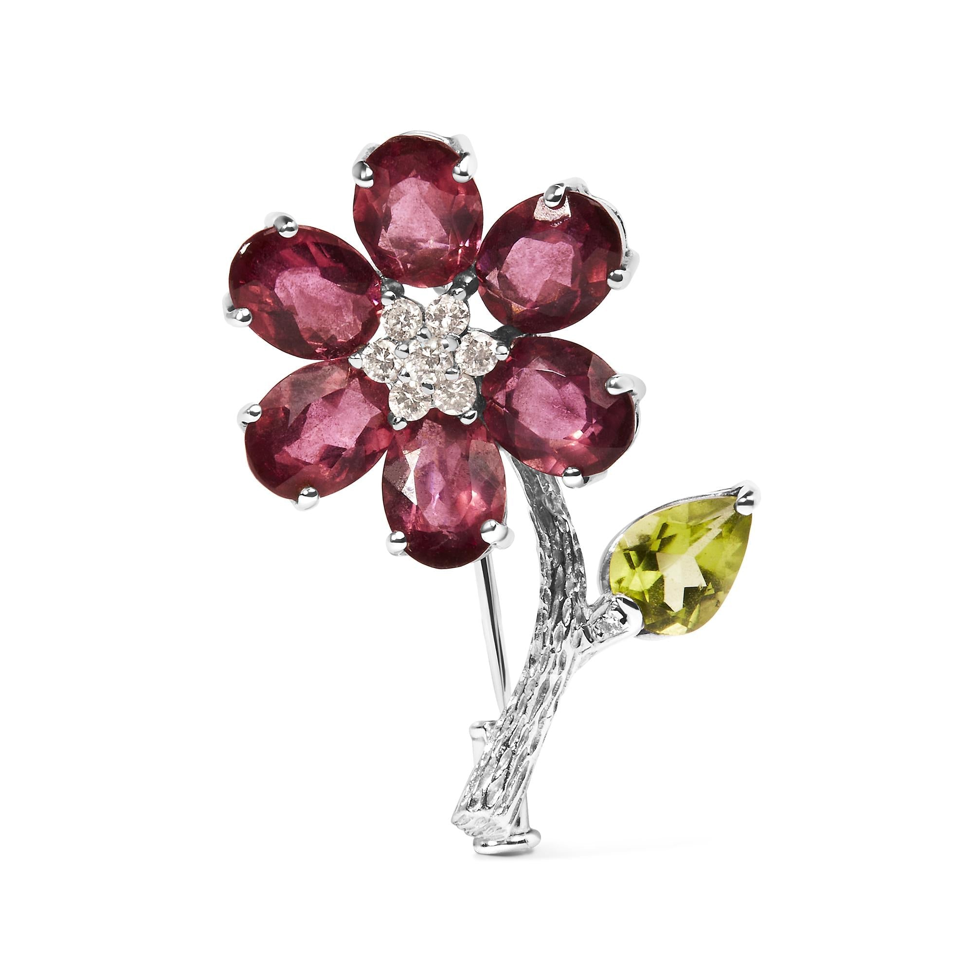 18K White Gold 1/3 Cttw Diamond, Pink Tourmaline, and Green Peridot Flower and Leaf Tulip Brooch Pin (H-I Color, VS2-SI1)-0
