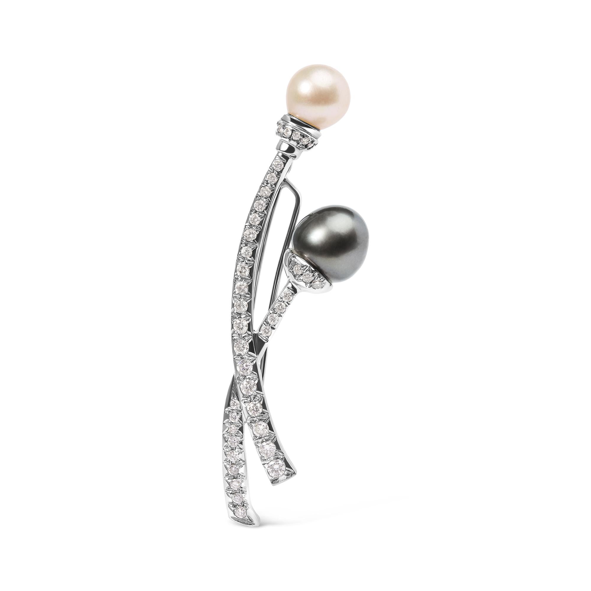 18K White Gold 3/5 Cttw Diamond and Cultured South Sea Black and White Pearl Brooch Pin (H-I Color, VS1-VS2 Clarity)-0