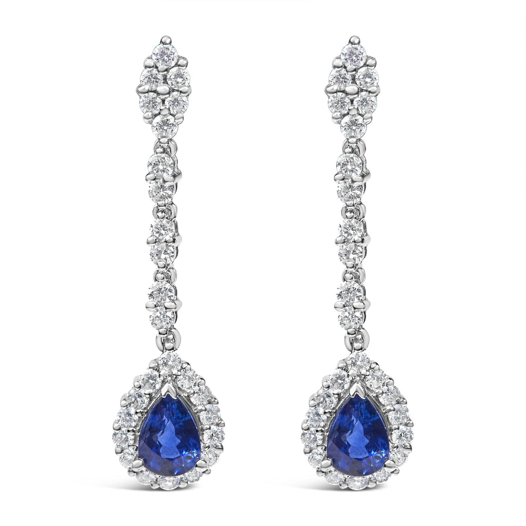 18K White Gold 1 3/5 Cttw Diamond and 7X5 MM Pear Shaped Blue Sapphire 1 1/3 Inch Drop and Dangle Halo Earrings (G-H Color, VS1-VS2 Clarity)-0