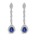 18K White Gold 1 3/5 Cttw Diamond and 7X5 MM Pear Shaped Blue Sapphire 1 1/3 Inch Drop and Dangle Halo Earrings (G-H Color, VS1-VS2 Clarity)-0