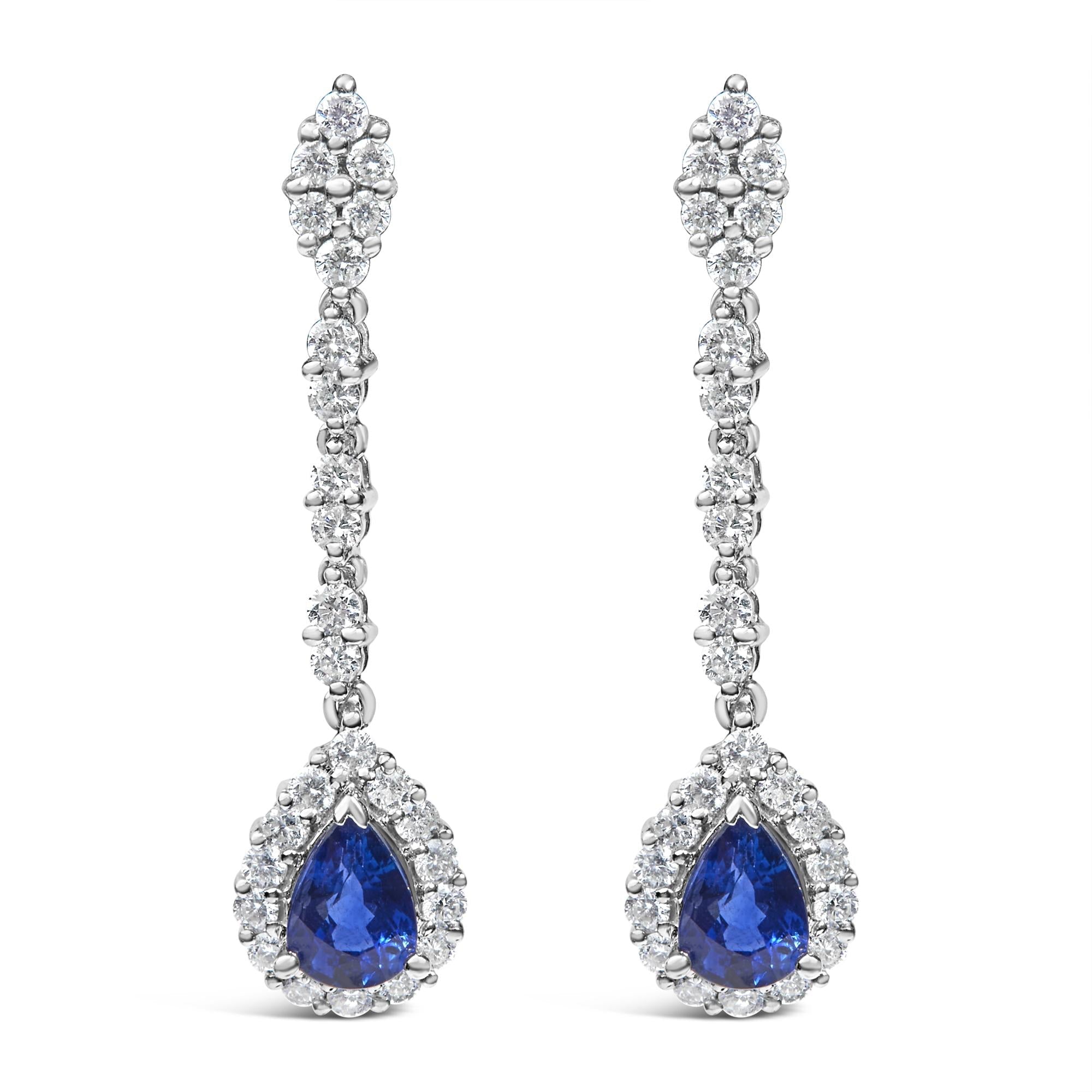 18K White Gold 1 3/5 Cttw Diamond and 7X5 MM Pear Shaped Blue Sapphire 1 1/3 Inch Drop and Dangle Halo Earrings (G-H Color, VS1-VS2 Clarity)-0