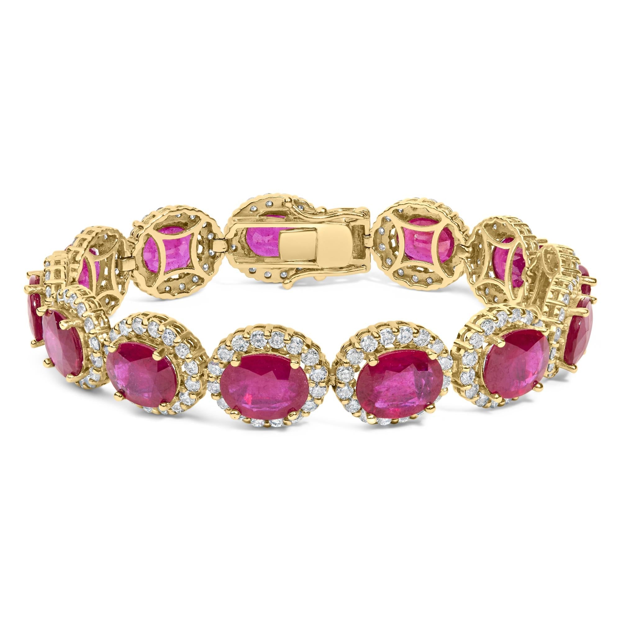 14K Yellow Gold 6 2/5 Cttw Diamond and 34.0 Cttw Oval Red Ruby Halo Link Bracelet (I-J Color, SI1-SI2 Clarity) - 7.25" Inches-0