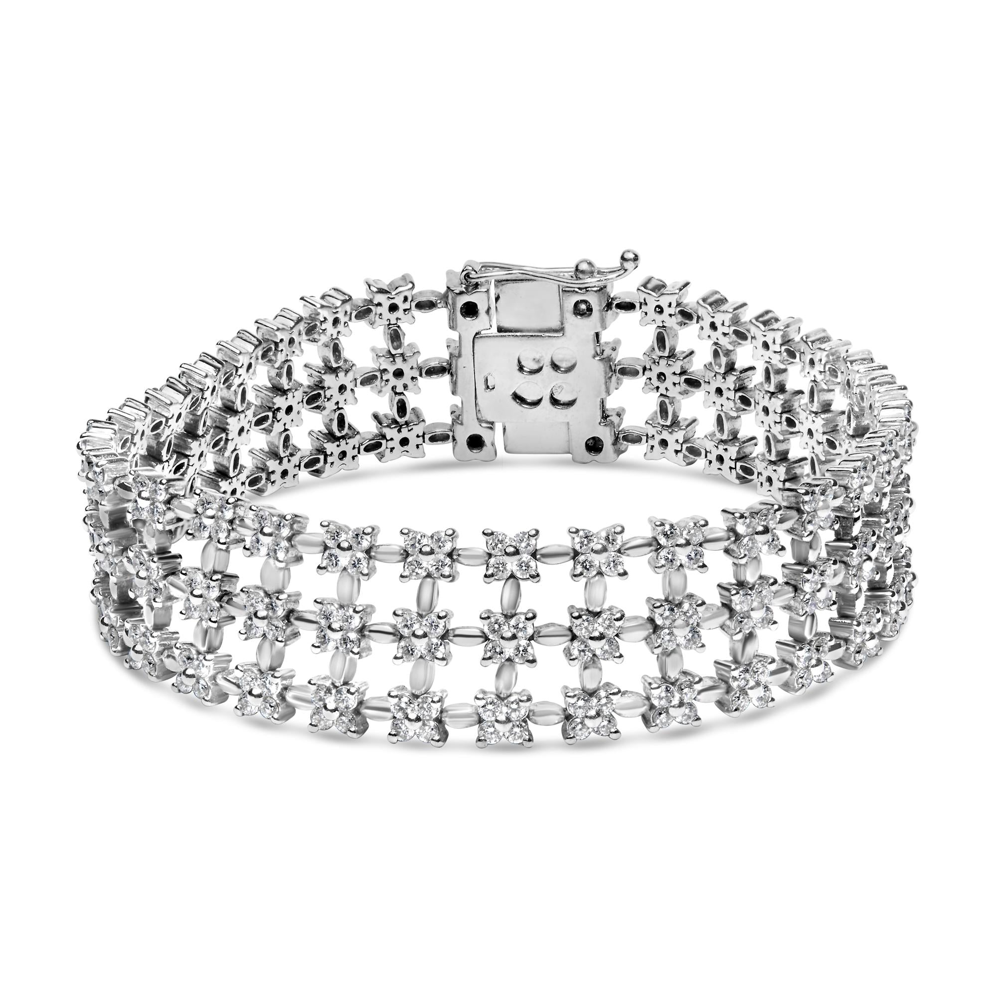 18K White Gold 7 1/2 Cttw Diamond 3 Row Floral Link Bracelet (G-H Color, VS1-VS2 Clarity) - 7 " Inches-0