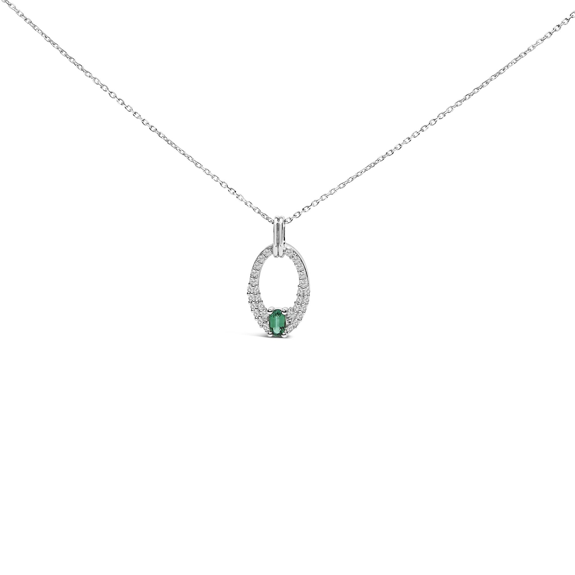 .925 Sterling Silver Created Green Emerald and White Sapphire Oval Shaped Pendant Necklace - 18" Inches-0