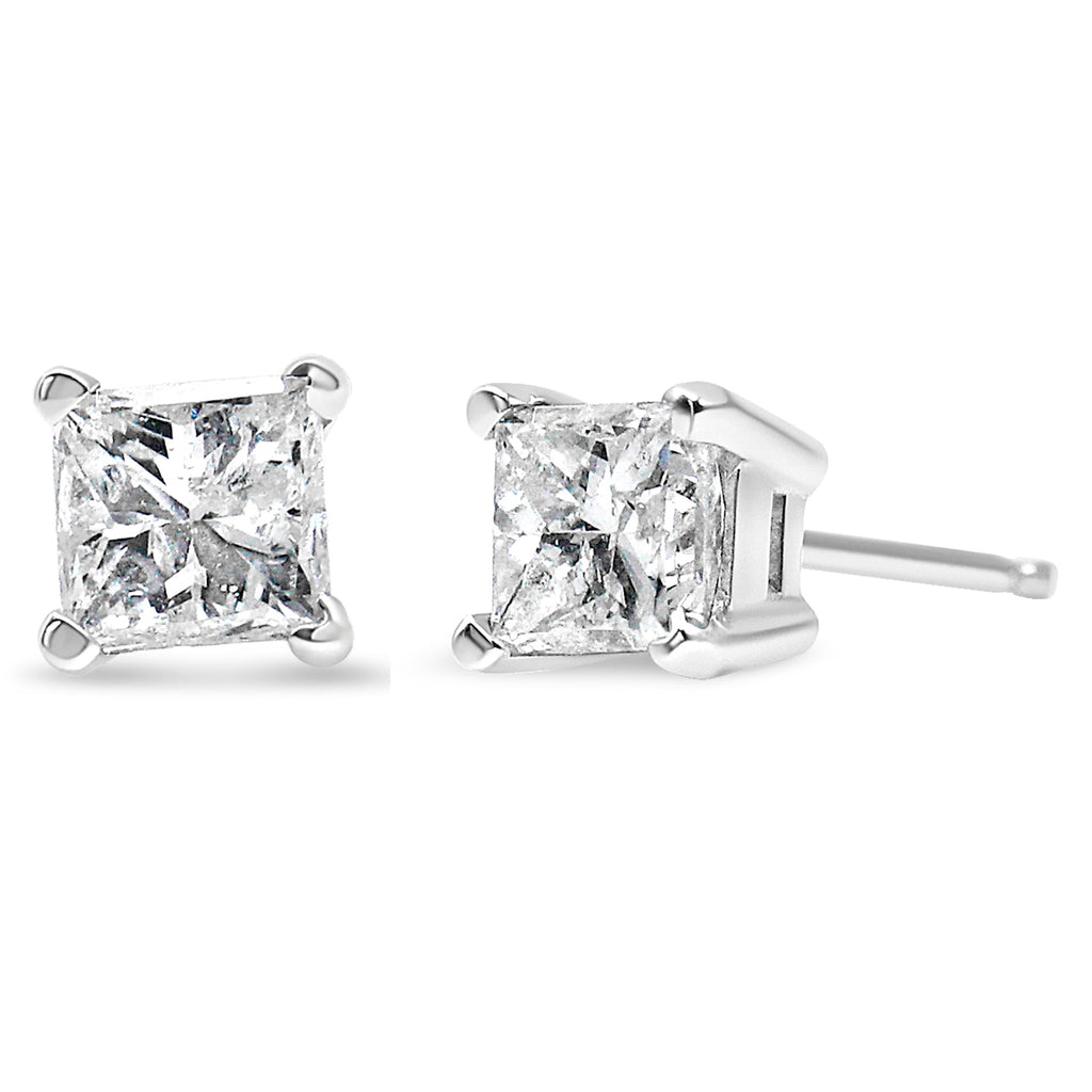 AGS Certified 18K White Gold 1.0 Cttw 4-Prong Set Princess-Cut Solitaire Diamond Screw Back Stud Earrings (E-F Color, SI2-I1 Clarity)-0