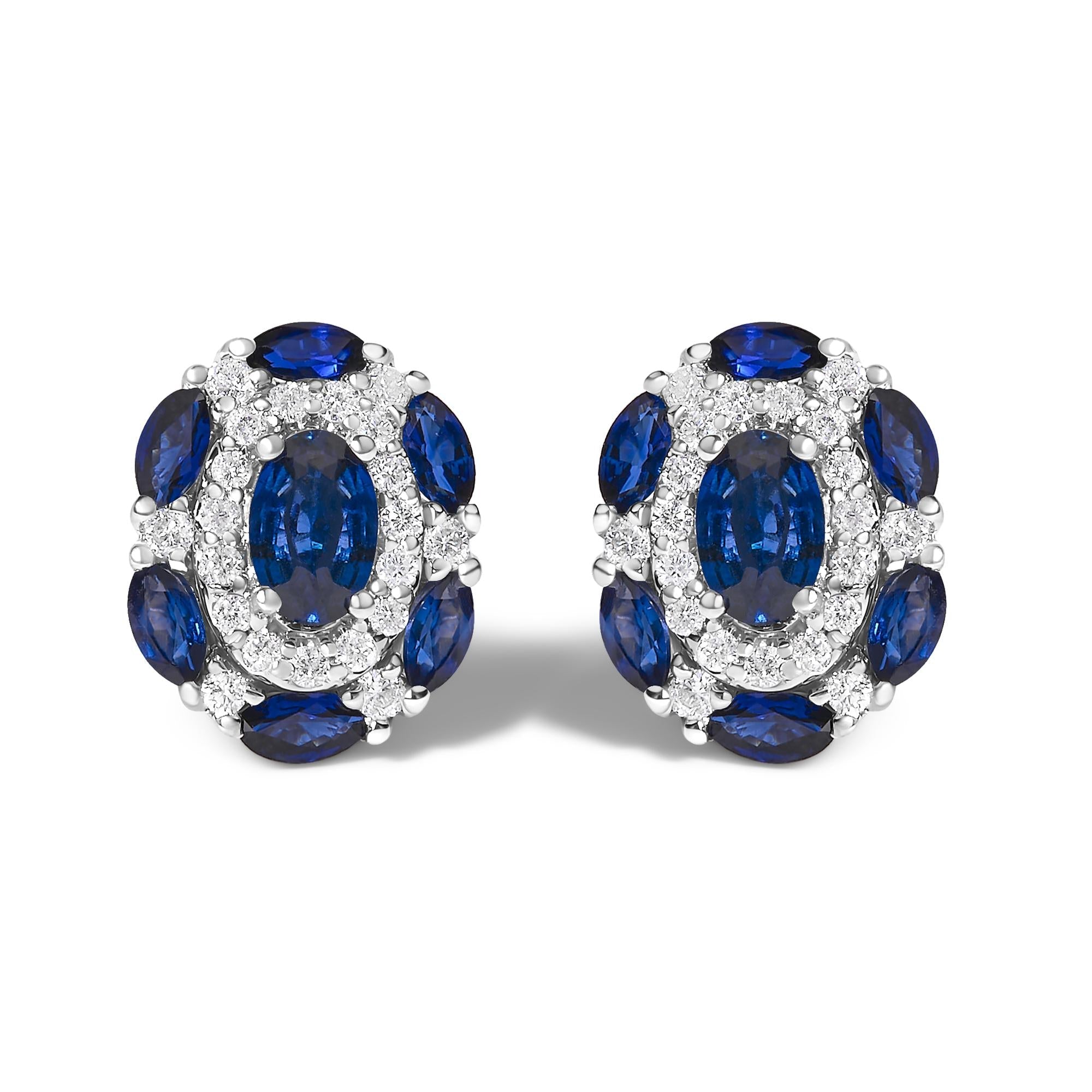 14K White Gold Blue Sapphire and Diamond Vintage Style Stud Earrings (G-H Color, SI2-I1 Clarity)-0