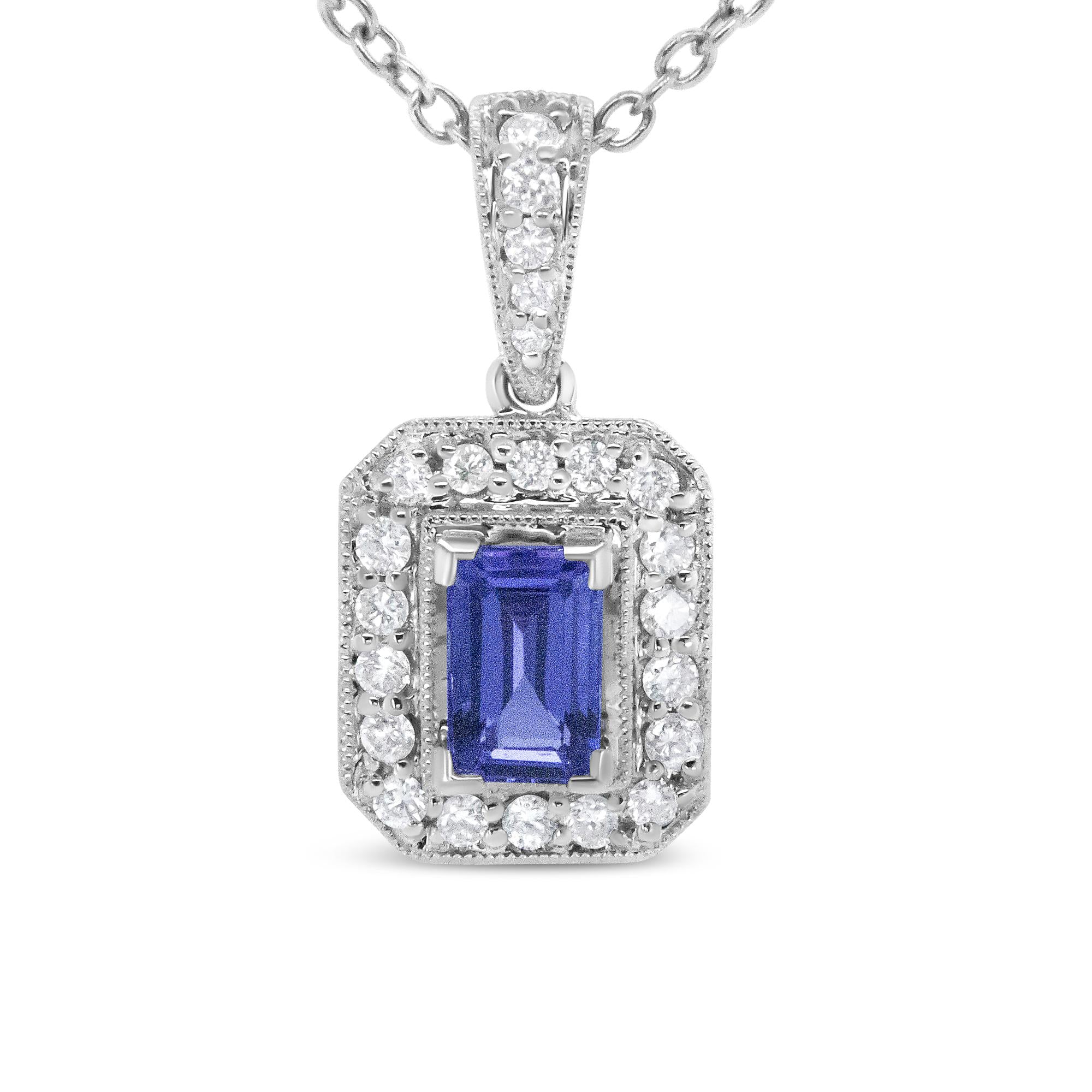 18K White Gold 1/4 Cttw Round Diamond and 6x4mm Purple Tanzanite Halo 18" Pendant Necklace (H-I Color, VS1-VS2 Clarity)-0