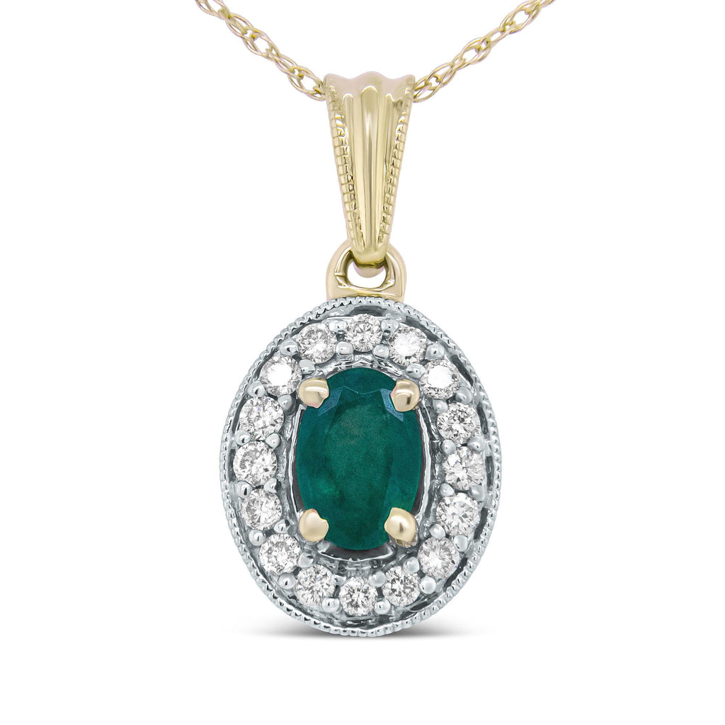 14K Yellow Gold 6x4mm Emerald and 1/5 Cttw Round Diamond Halo Pendant 18" Necklace - (H-I Color, SI1-SI2 Clarity)-0
