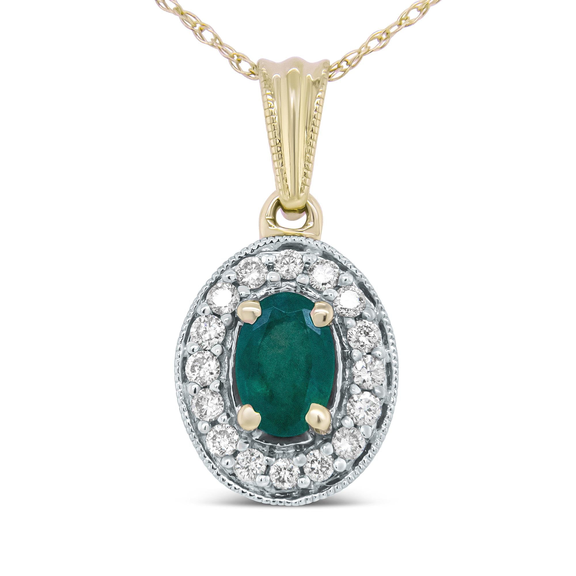 14K Yellow Gold 6x4mm Emerald and 1/5 Cttw Round Diamond Halo Pendant 18" Necklace - (H-I Color, SI1-SI2 Clarity)-0