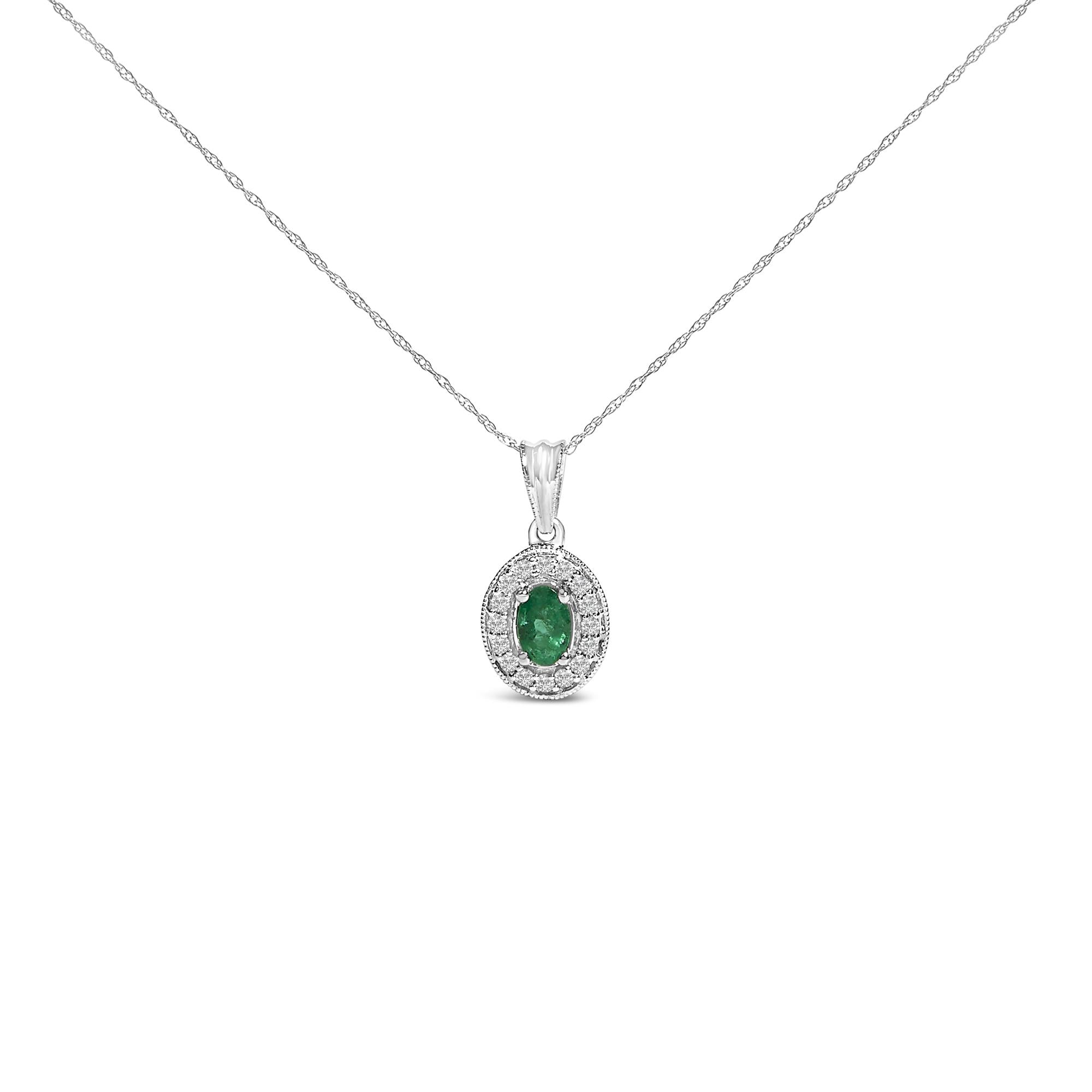 14K White Gold Oval 6x4 MM Green Emerald and Diamond Halo Pendant Necklace - 18 inch-0