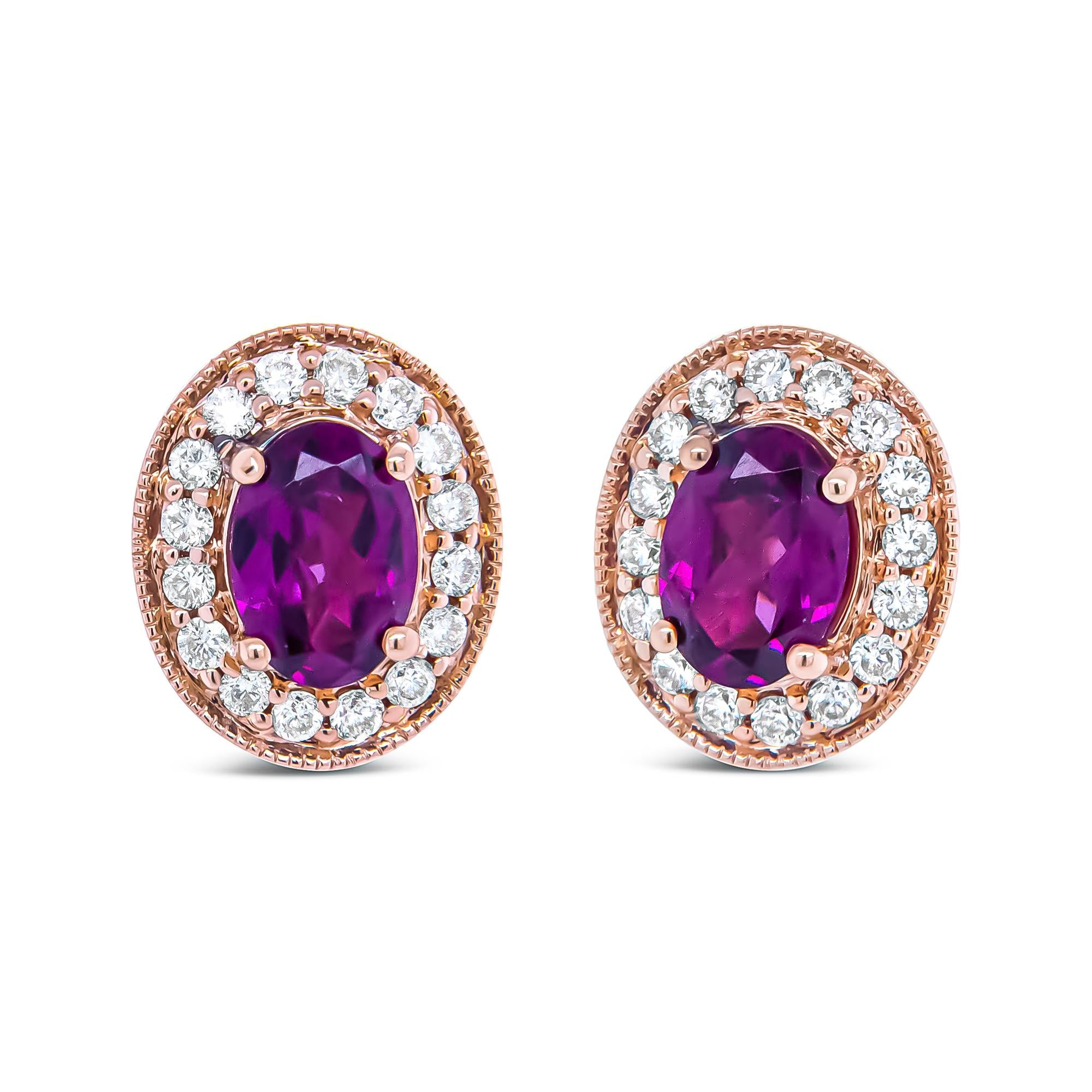14K Rose Gold 7x5mm Oval Cut Garnet and 3/8 Cttw Round Diamond Halo Stud Earrings (G-H Color, SI1-SI2 Clarity)-0