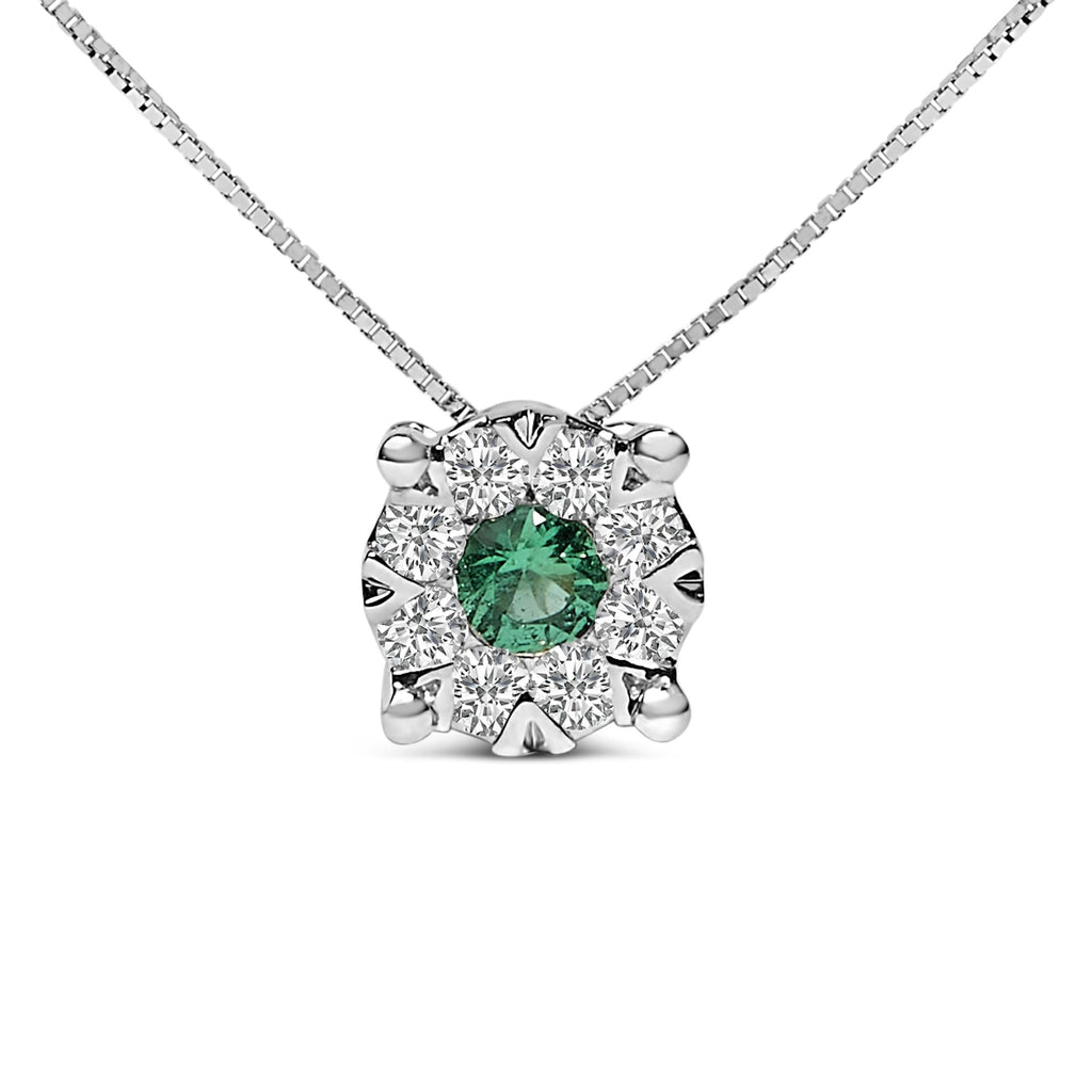 14K White Gold 3.8 MM Green Emerald and 1/3 Cttw Diamond Composite Halo 18" Pendant Necklace (F-G Color, VS2-SI1 Clarity)-0