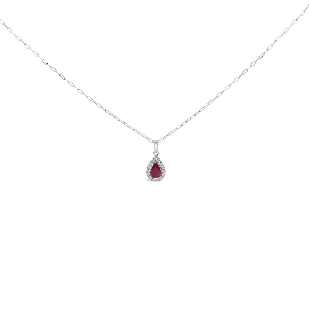 14K White Gold 6x4 Pear Red Ruby and Diamond Halo Pendant Necklace - 18" Inches-0