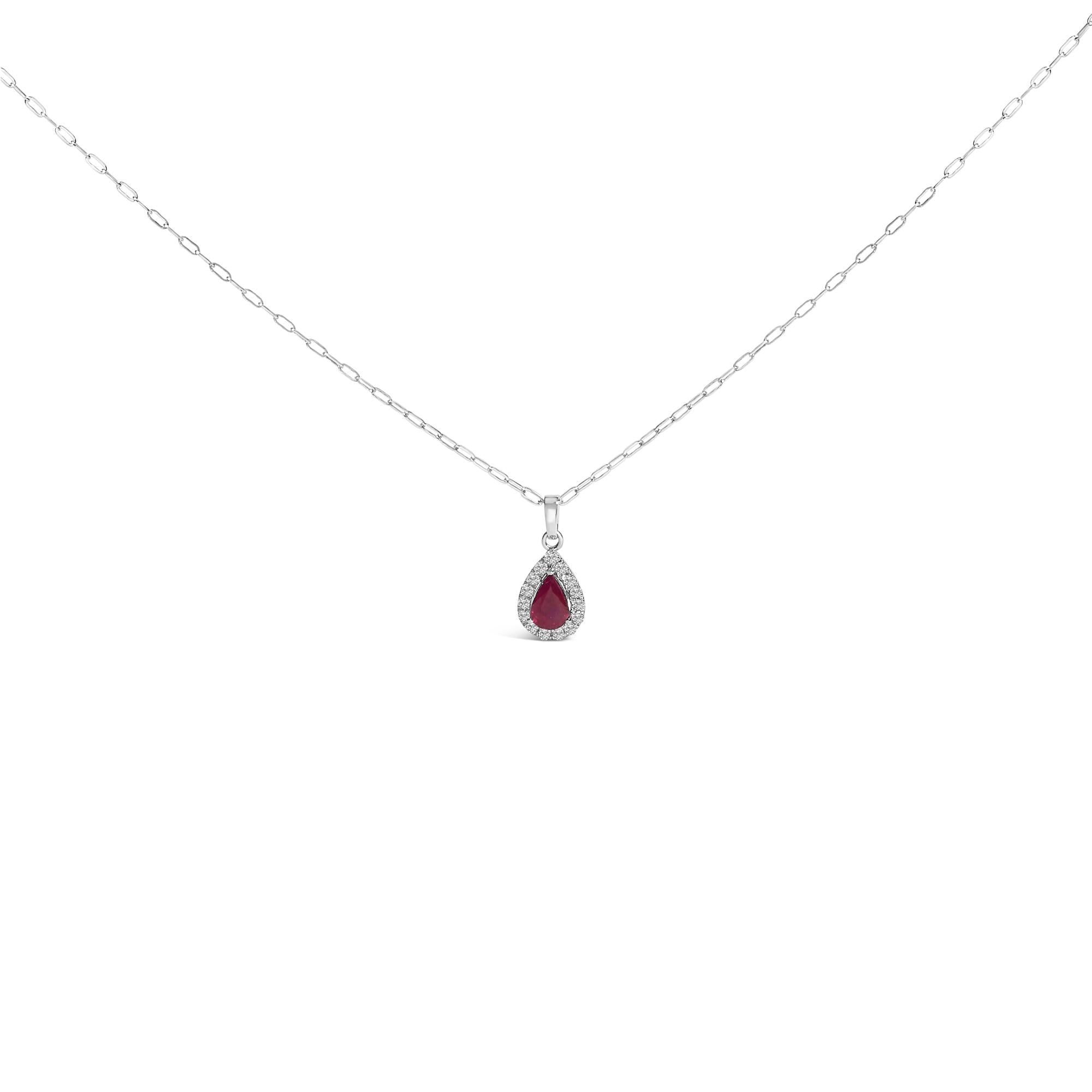 14K White Gold 6x4 Pear Red Ruby and Diamond Halo Pendant Necklace - 18" Inches-0