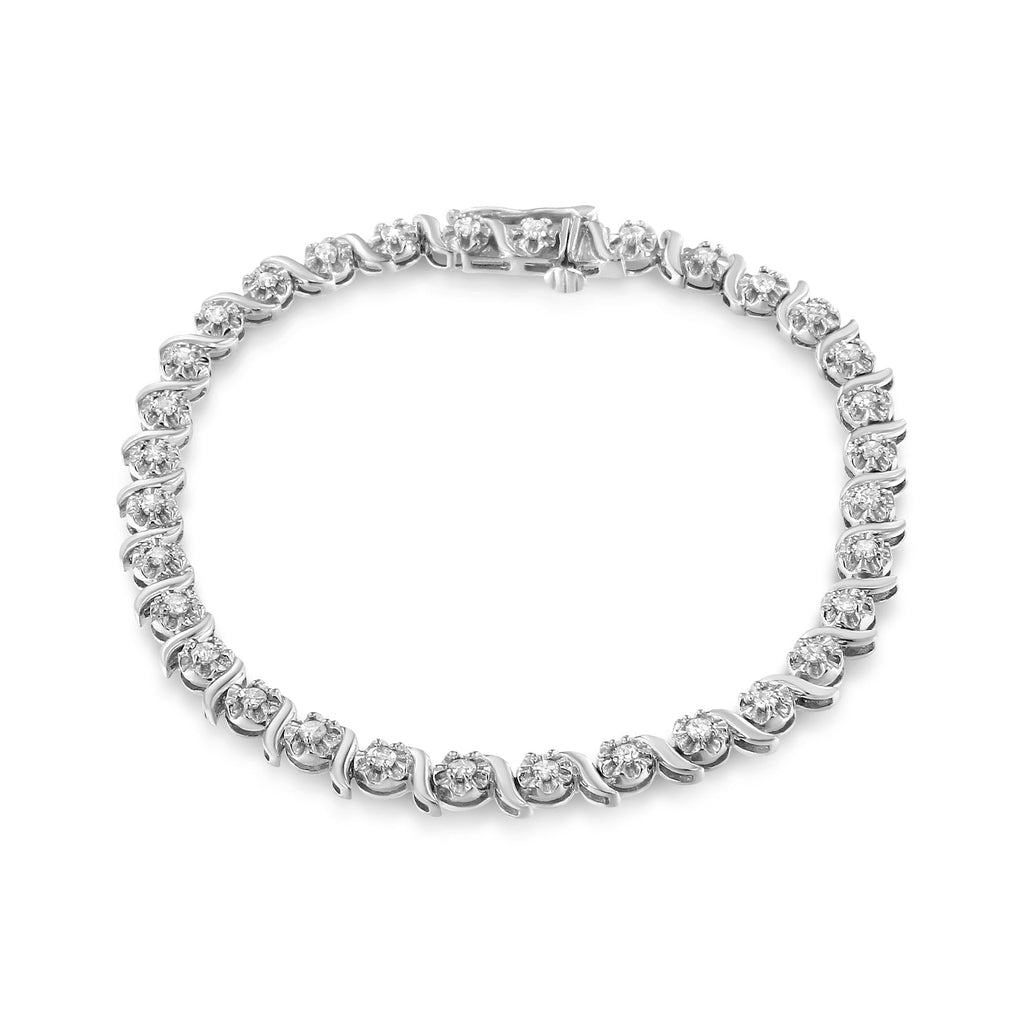 .925 Sterling Silver 1.0 Cttw Diamond Spiral Wave Curved-Link 7" Tennis Bracelet (I-J Color, I3 Clarity)-0
