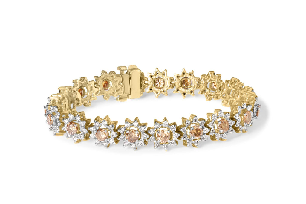 14K Yellow Gold 8.00 Cttw Champagne Diamond Floral Cluster Halo Link Bracelet (H-I Color, I1-I2 Clarity)-0