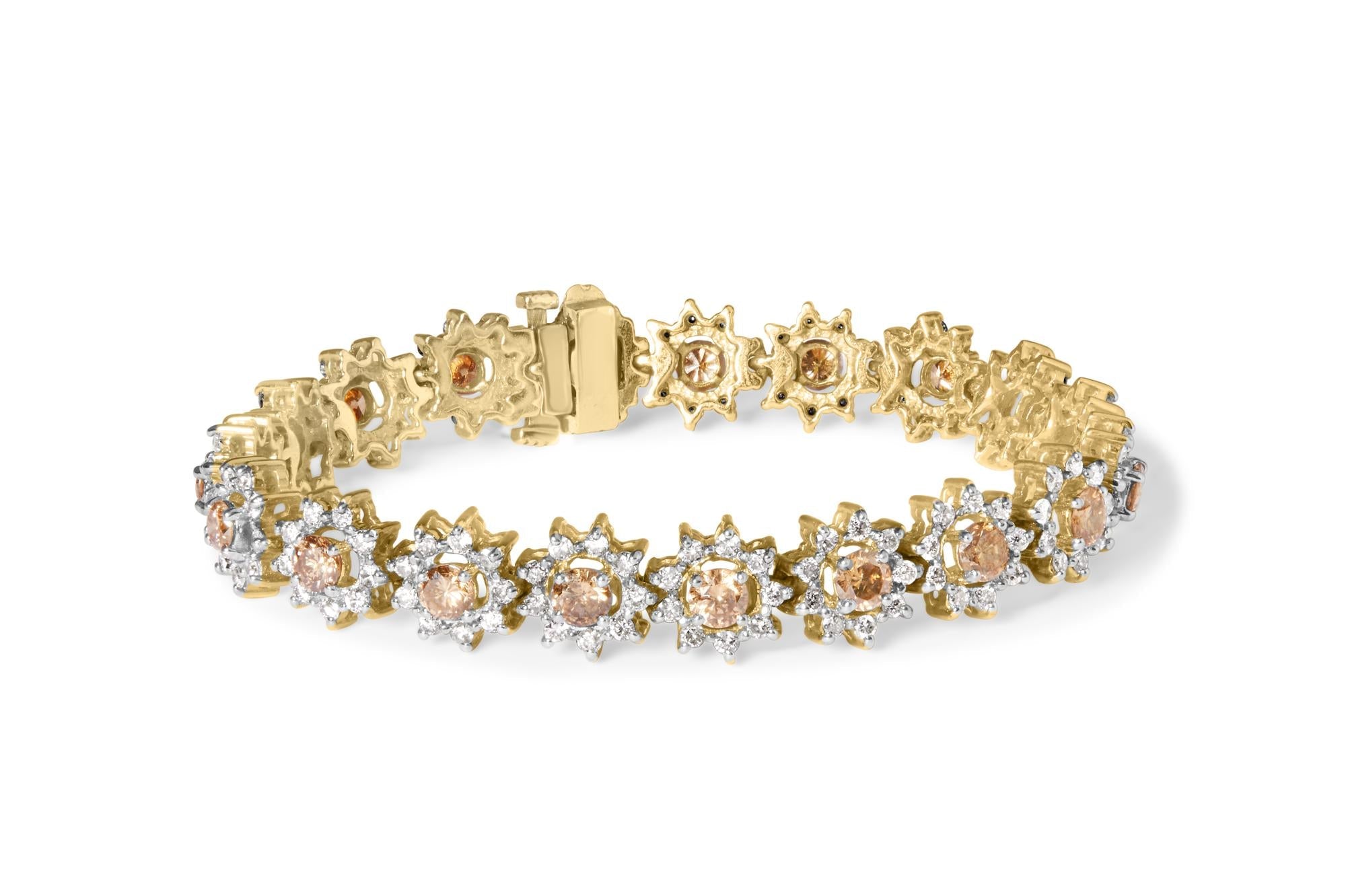 14K Yellow Gold 8.00 Cttw Champagne Diamond Floral Cluster Halo Link Bracelet (H-I Color, I1-I2 Clarity)-0