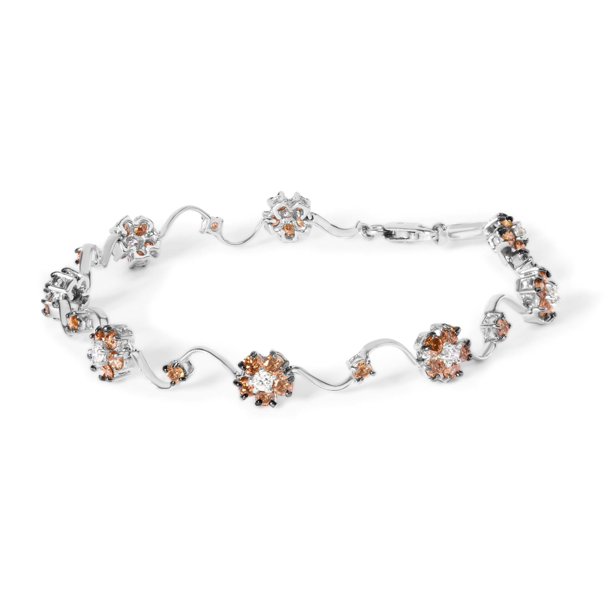 10K White Gold 4.0 Cttw Champagne and White Diamond Floral Cluster and Station Link Bracelet (H-I Color, SI2-I1 Clarity) - 7" Inches-0