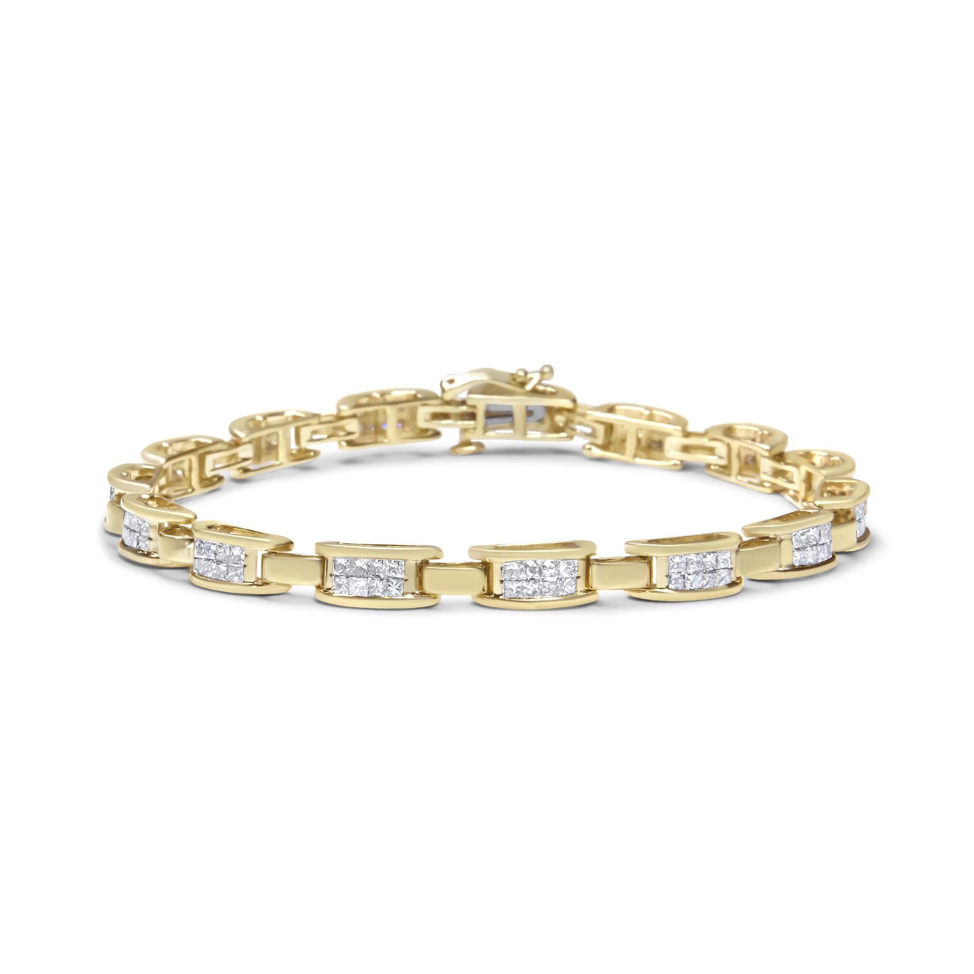 10K Yellow Gold 2.0 Cttw Invisible-Set Princess Cut Diamond Rectangular Link Bracelet (I-J Color, SI2-I1 Clarity) - 7"-0
