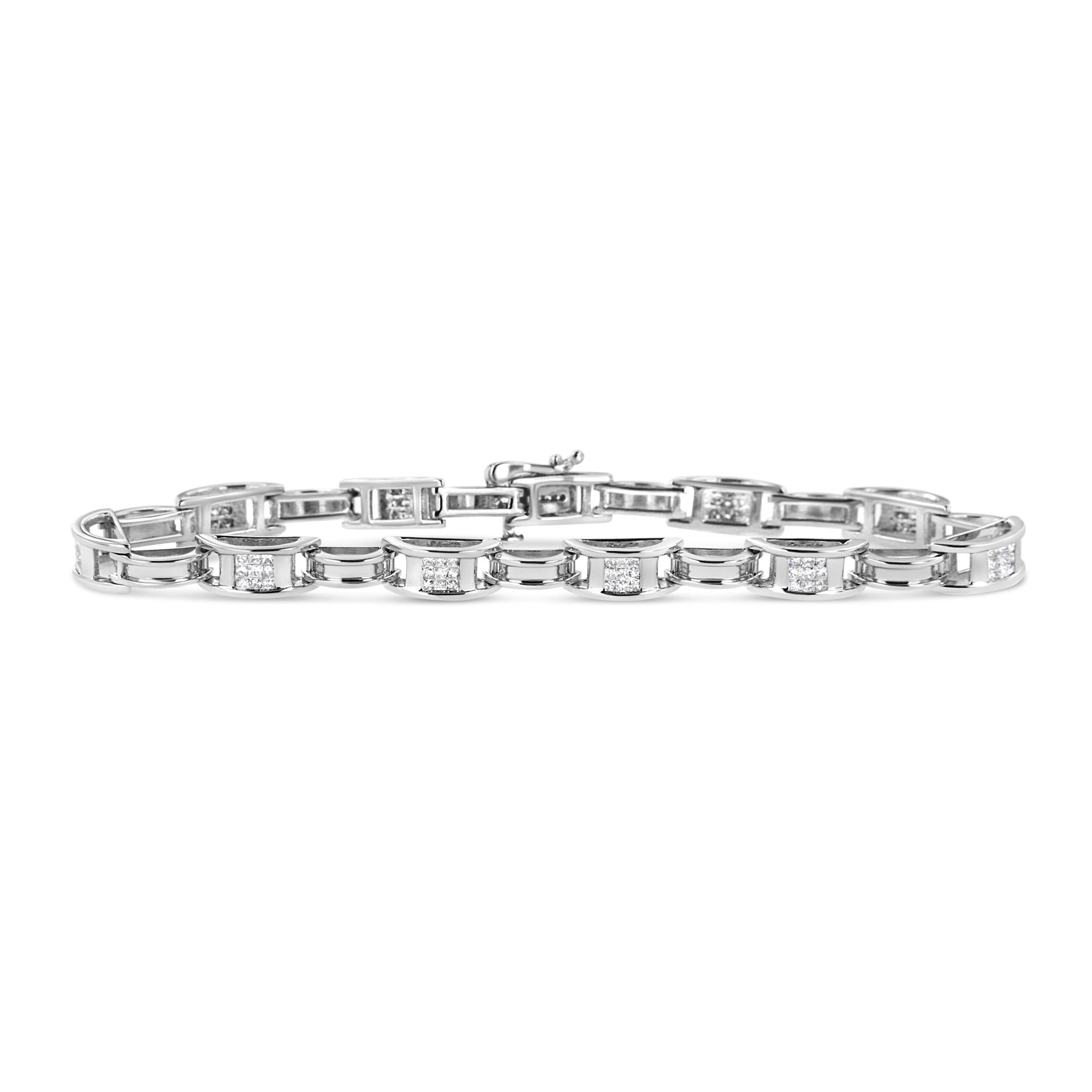 14K White Gold 1.0 Cttw Invisible Set Princess Diamond Alternating Link Tennis Bracelet (I-J Color, I1-I2 Clarity) - 7.25"-0