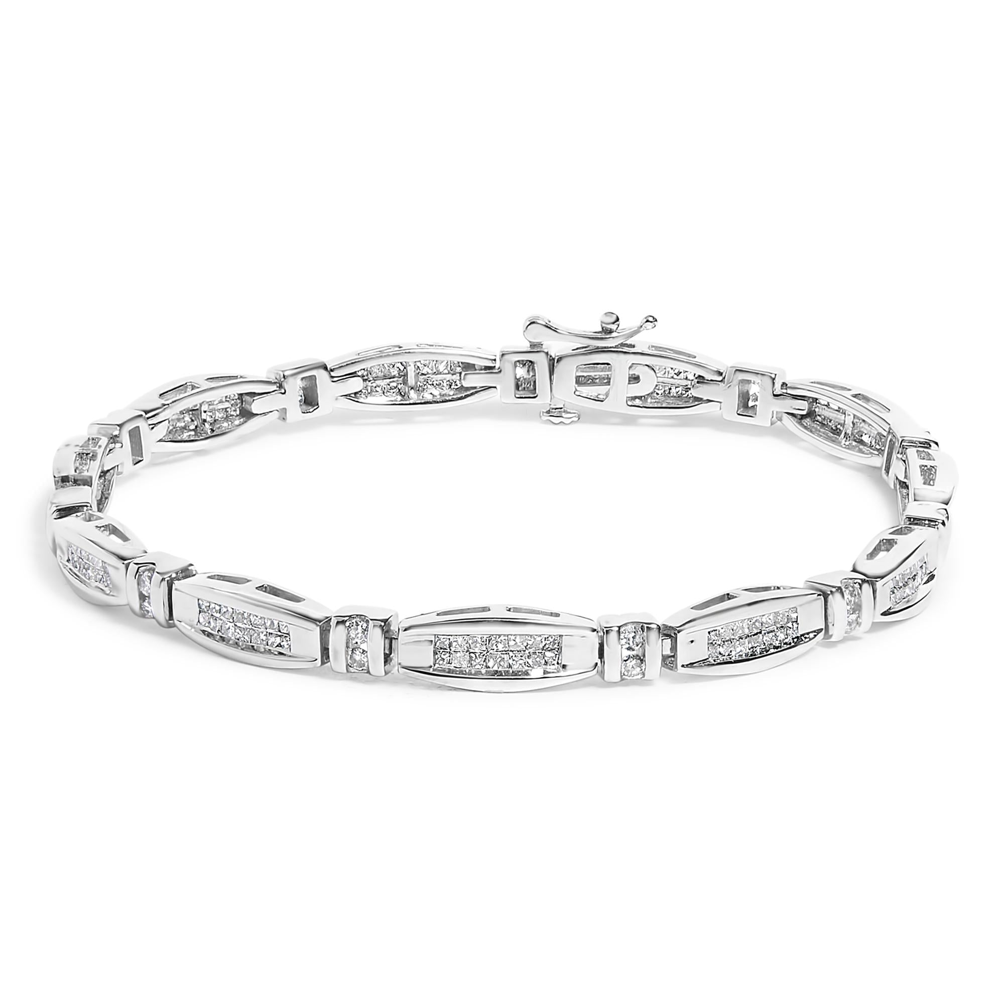 14K White Gold 2.0 Cttw Princess and Round Diamond Bar and Link Bracelet (I-J Color, I1-I2 Clarity) - 7.25" Inches-0