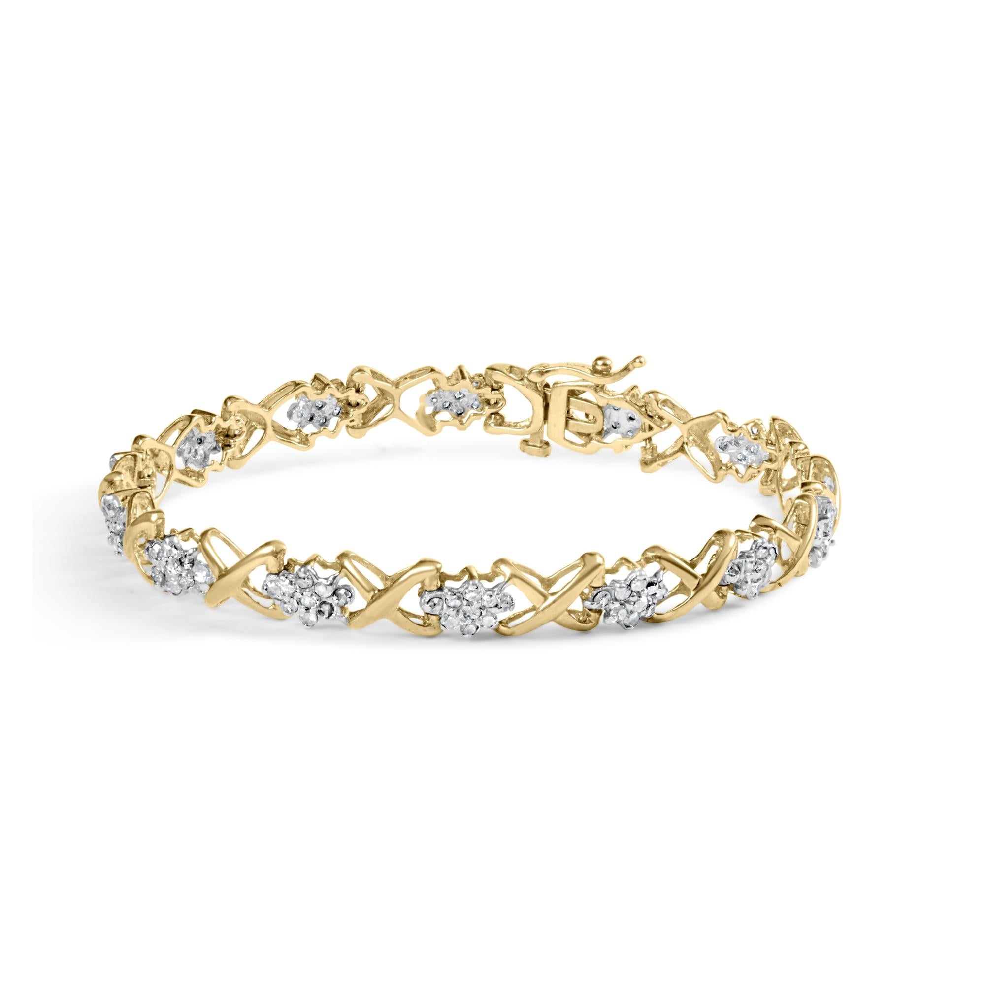 10k Yellow Gold 2.00 Cttw Diamond Cluster and Alternating "X" Link Bracelet (I-J Color, I3 Clarity) - 7"-0