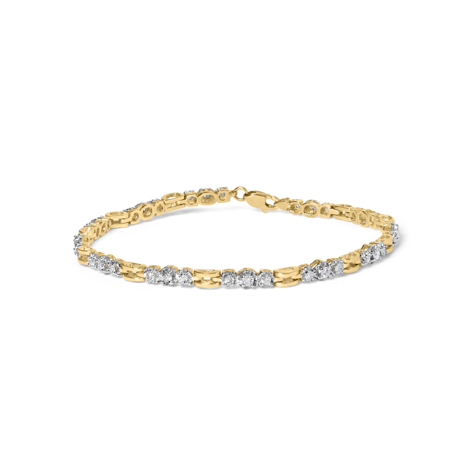 10k Yellow Gold 1.00 Cttw Diamond 3 Stone Link Bracelet (I-J Color, I1-I2 Clarity) -7.25" Inches-0