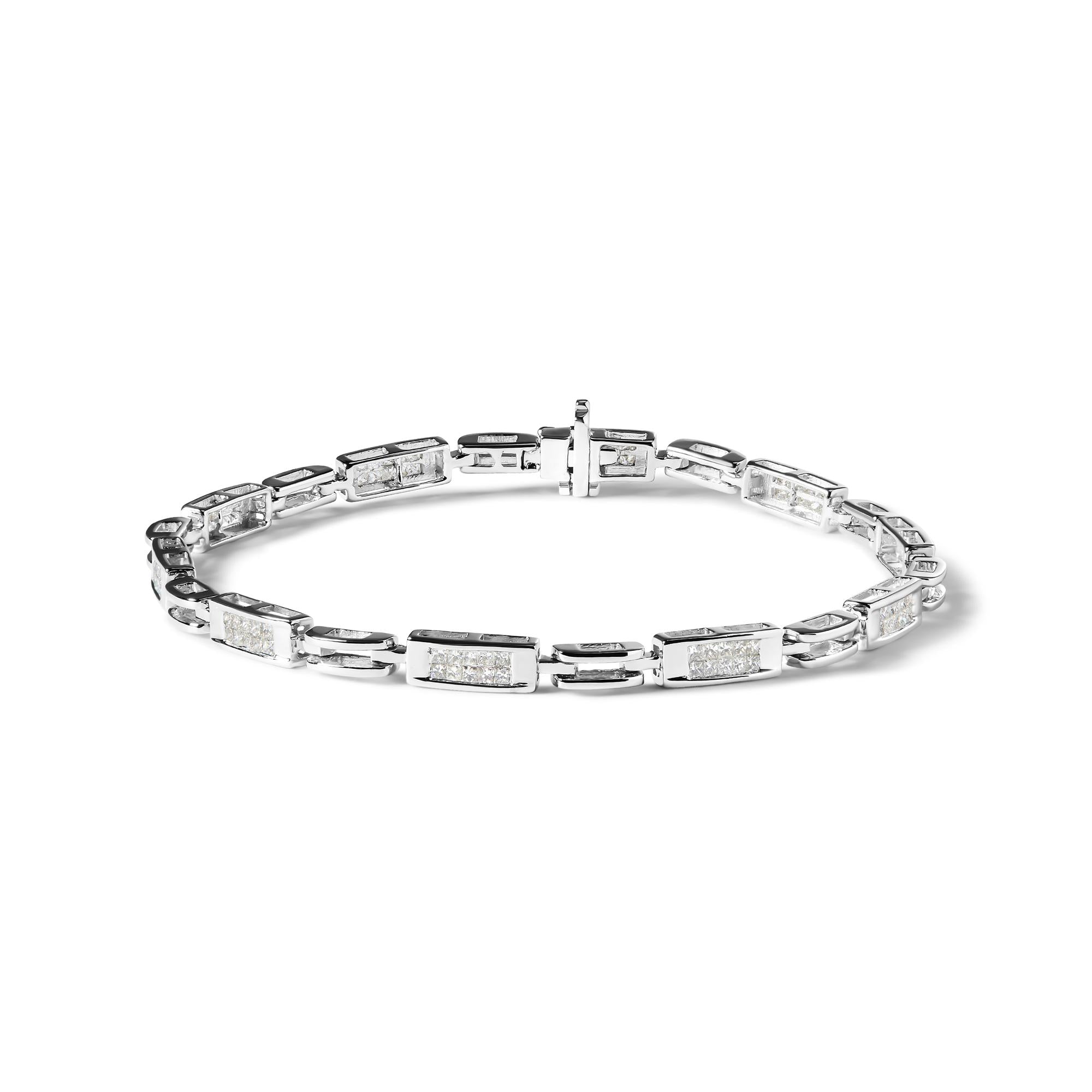 14K White Gold 1.0 Cttw Invisible Set Princess Cut Diamond Alternating Station and Link Tennis Bracelet (I-J Color, I1-I2 Clarity) - Size 7.25" Inches-0