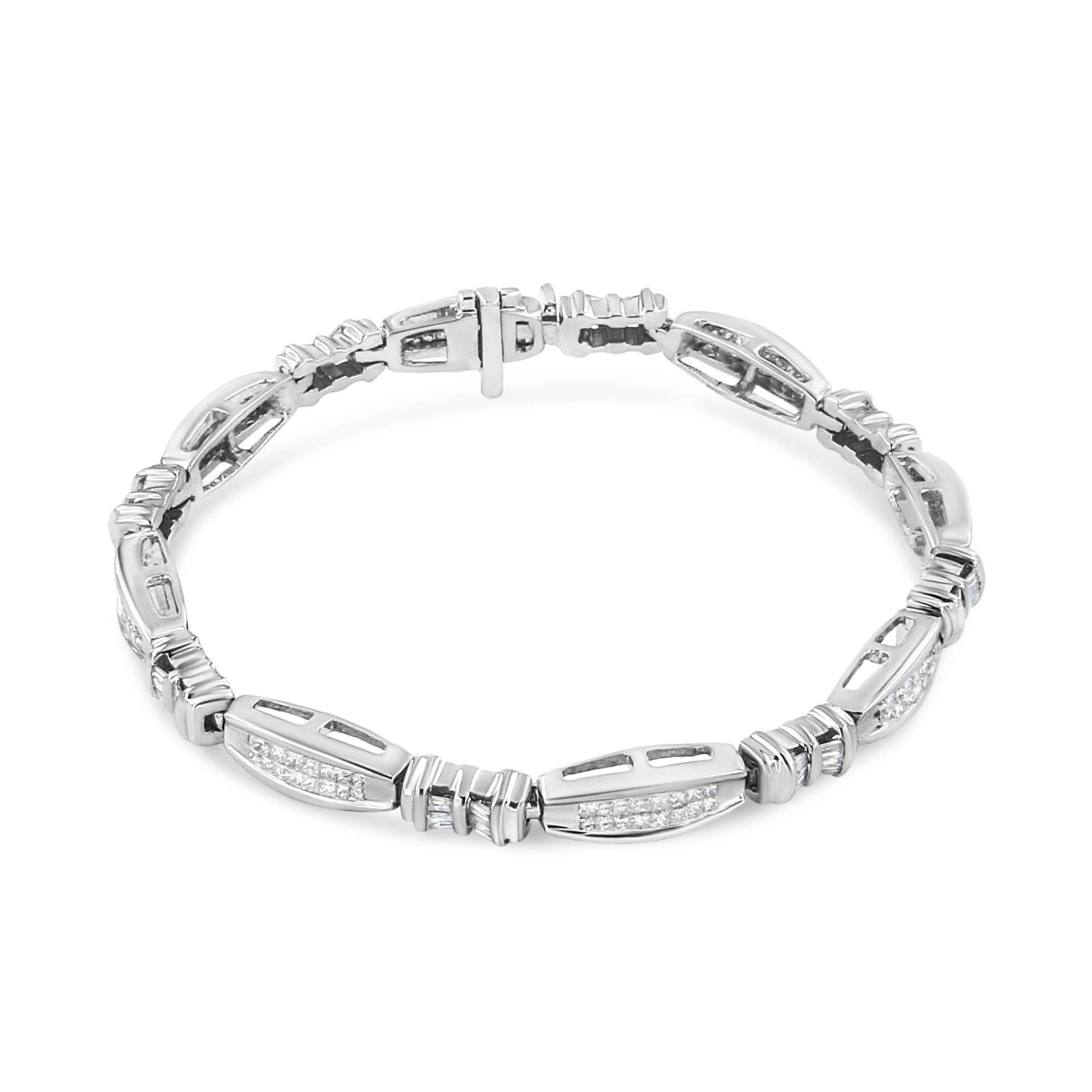 14K White Gold 2.0 Cttw Channel-Set Alternating Baguette and Princess-Cut Diamond Link Bracelet (H-I Color, SI2-I1 Clarity) - Size 7-0