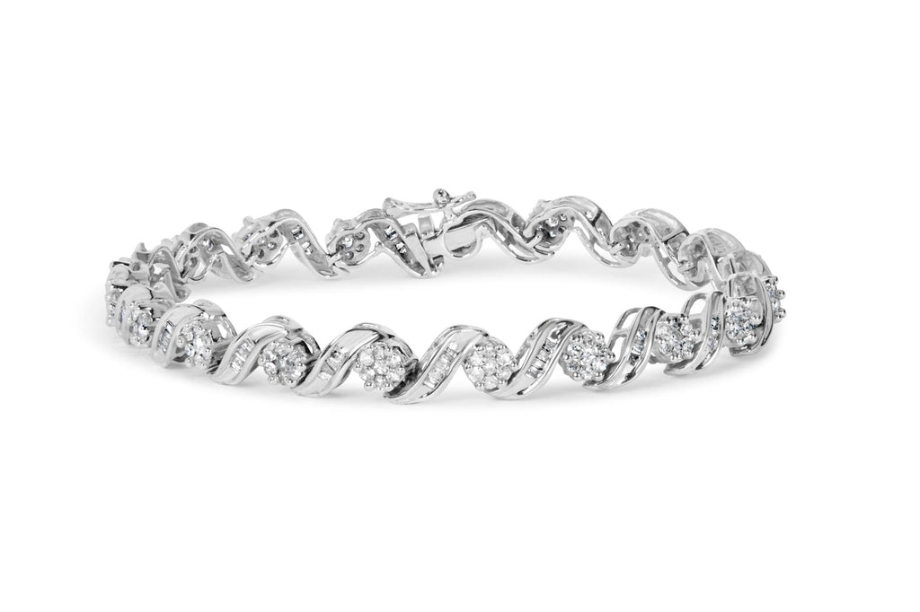 14K White Gold 2.00 Cttw Diamond Cluster and Spiral Link Bracelet (I-J Color, I1-I2 Clarity) - 7"-0