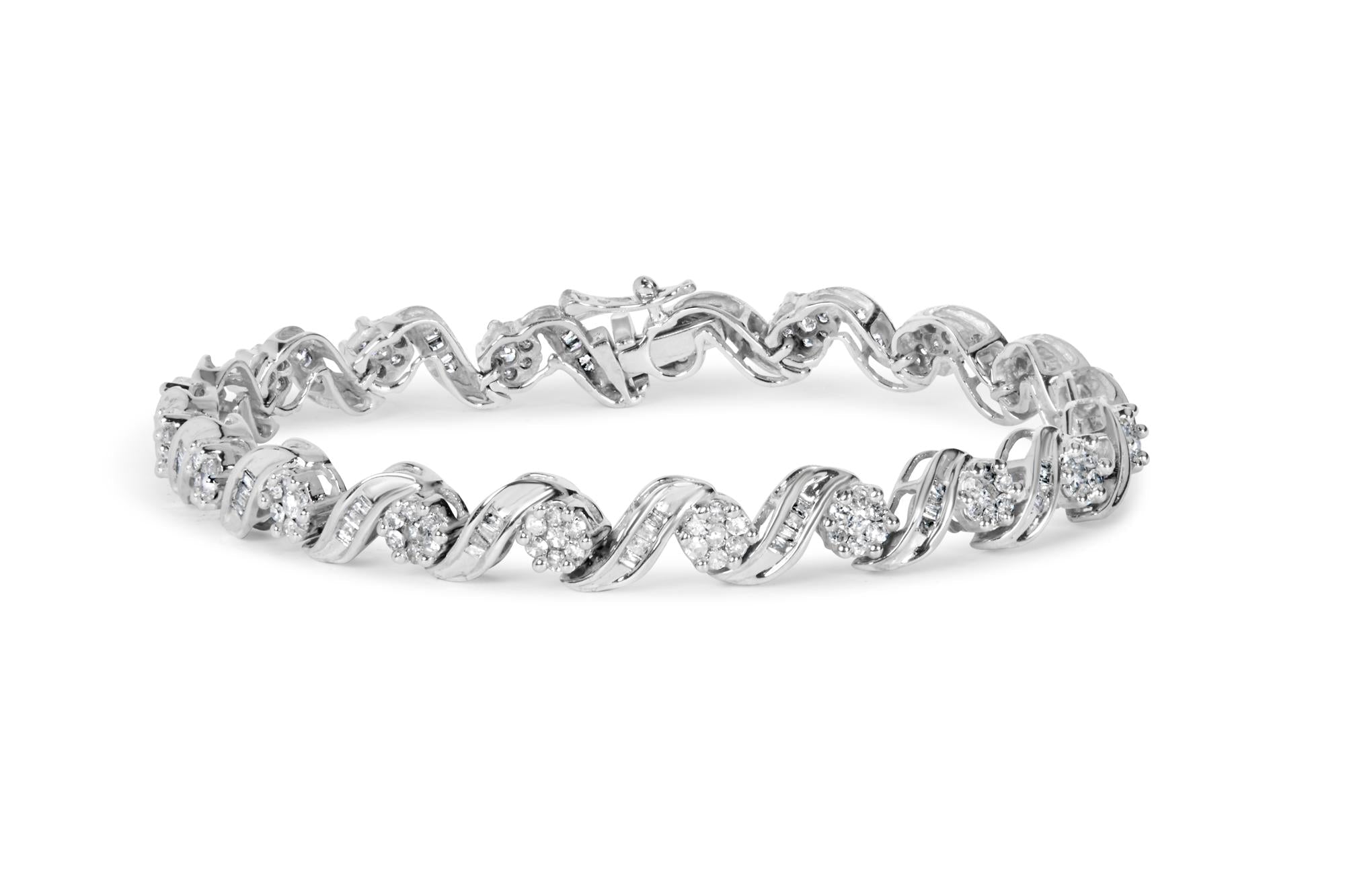 14K White Gold 2.00 Cttw Diamond Cluster and Spiral Link Bracelet (I-J Color, I1-I2 Clarity) - 7"-0