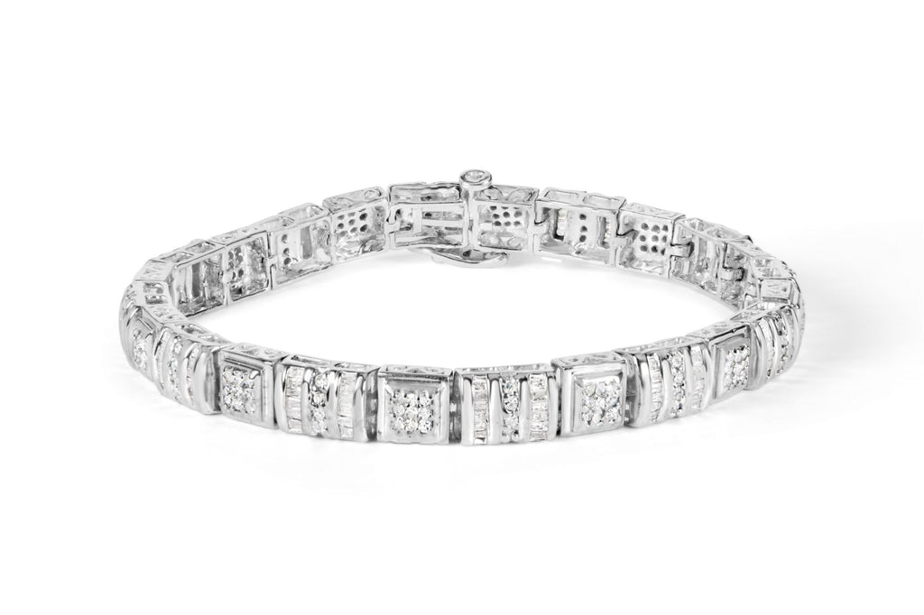 10K White Gold Round and Baguette Cut Diamond Bracelet (2.00 cttw, H-I Color, I2-I3 Clarity)-0