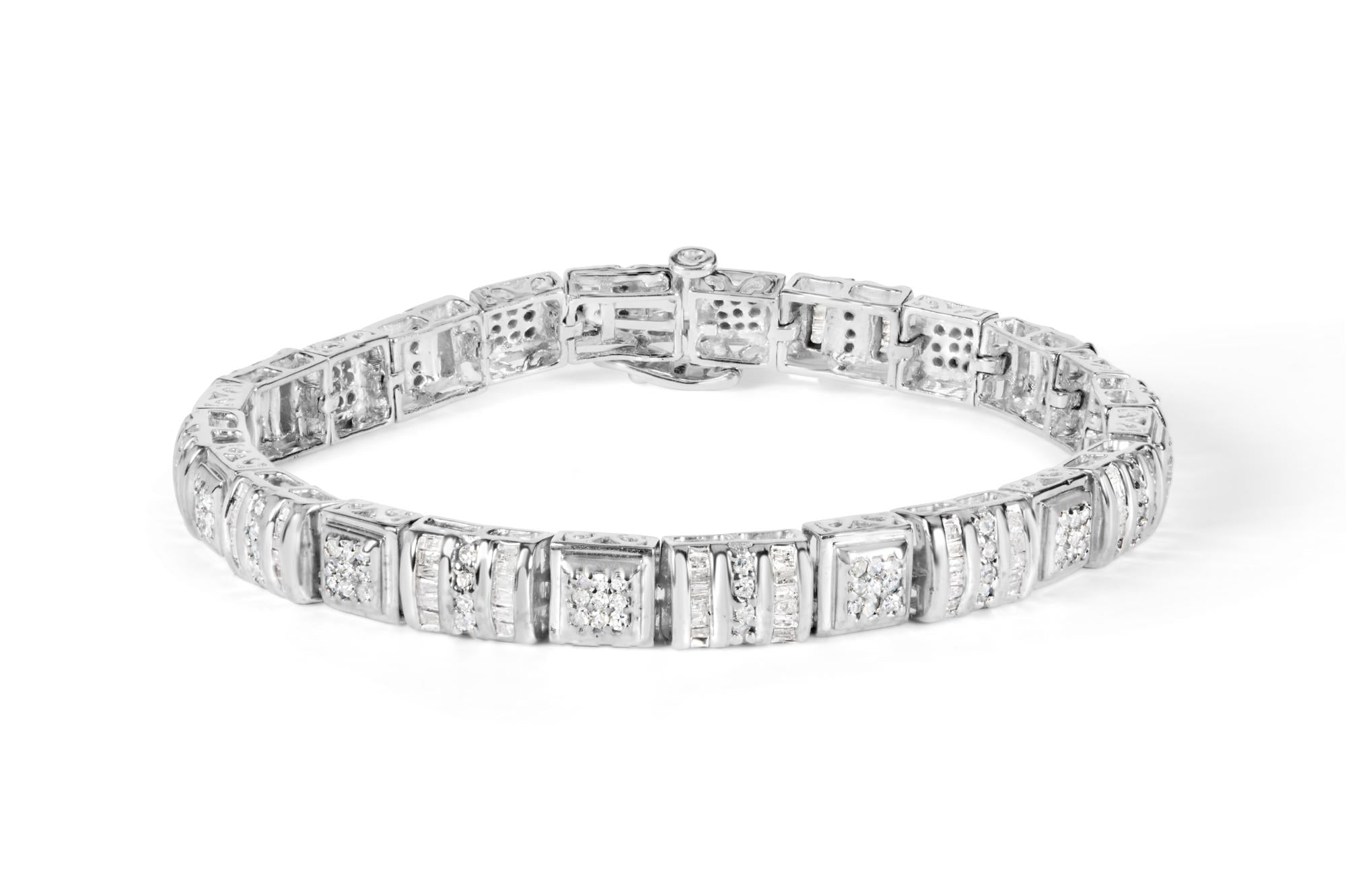 10K White Gold Round and Baguette Cut Diamond Bracelet (2.00 cttw, H-I Color, I2-I3 Clarity)-0