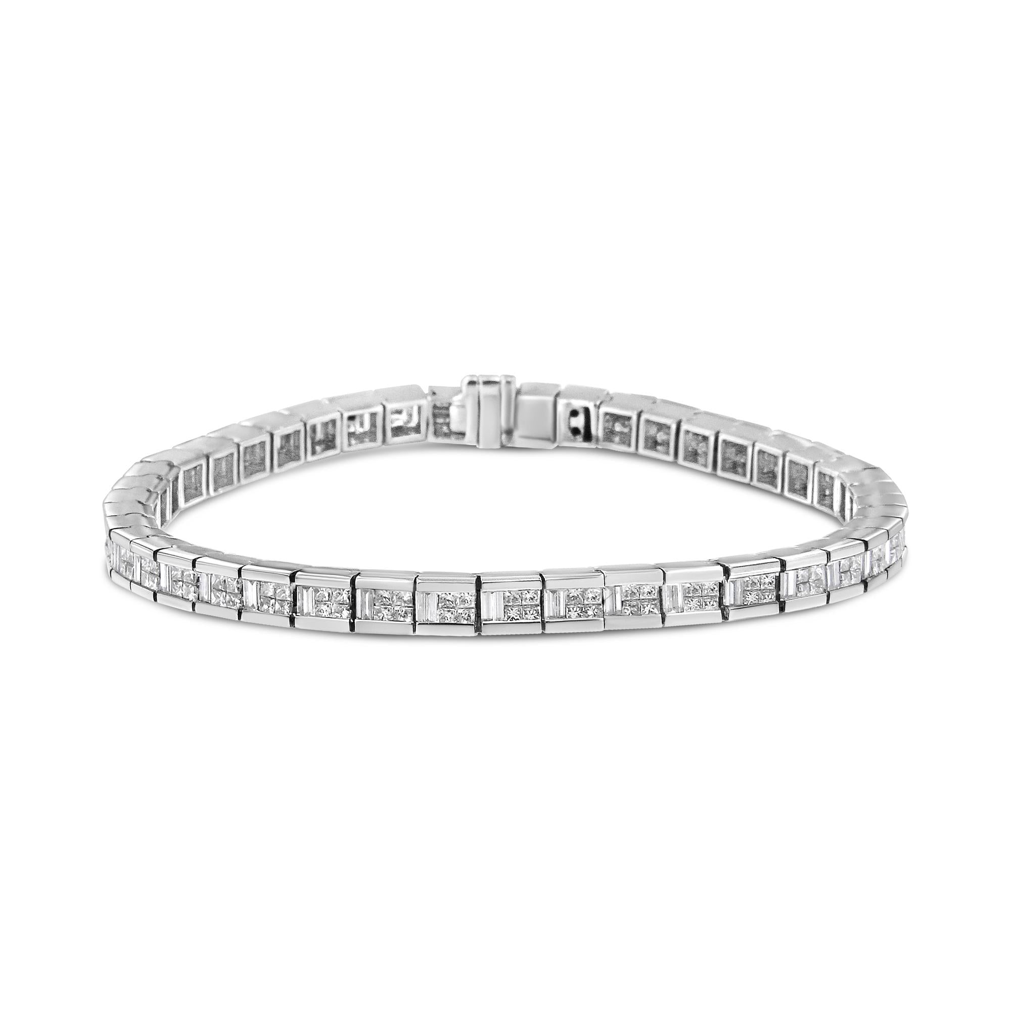 14K White Gold 4 3/8 Cttw Alternating Invisible Set Princess and Baguette Diamond Tennis Bracelet (G-H Color, VS1-VS2 Clarity) - Size 7"-0