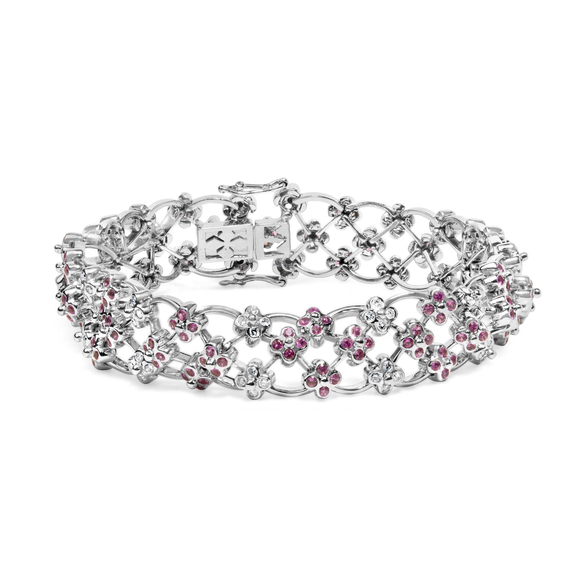 14K White Gold Pink Sapphire and Diamond Floral Lattice Link Bracelet - 7.25" Inches-0