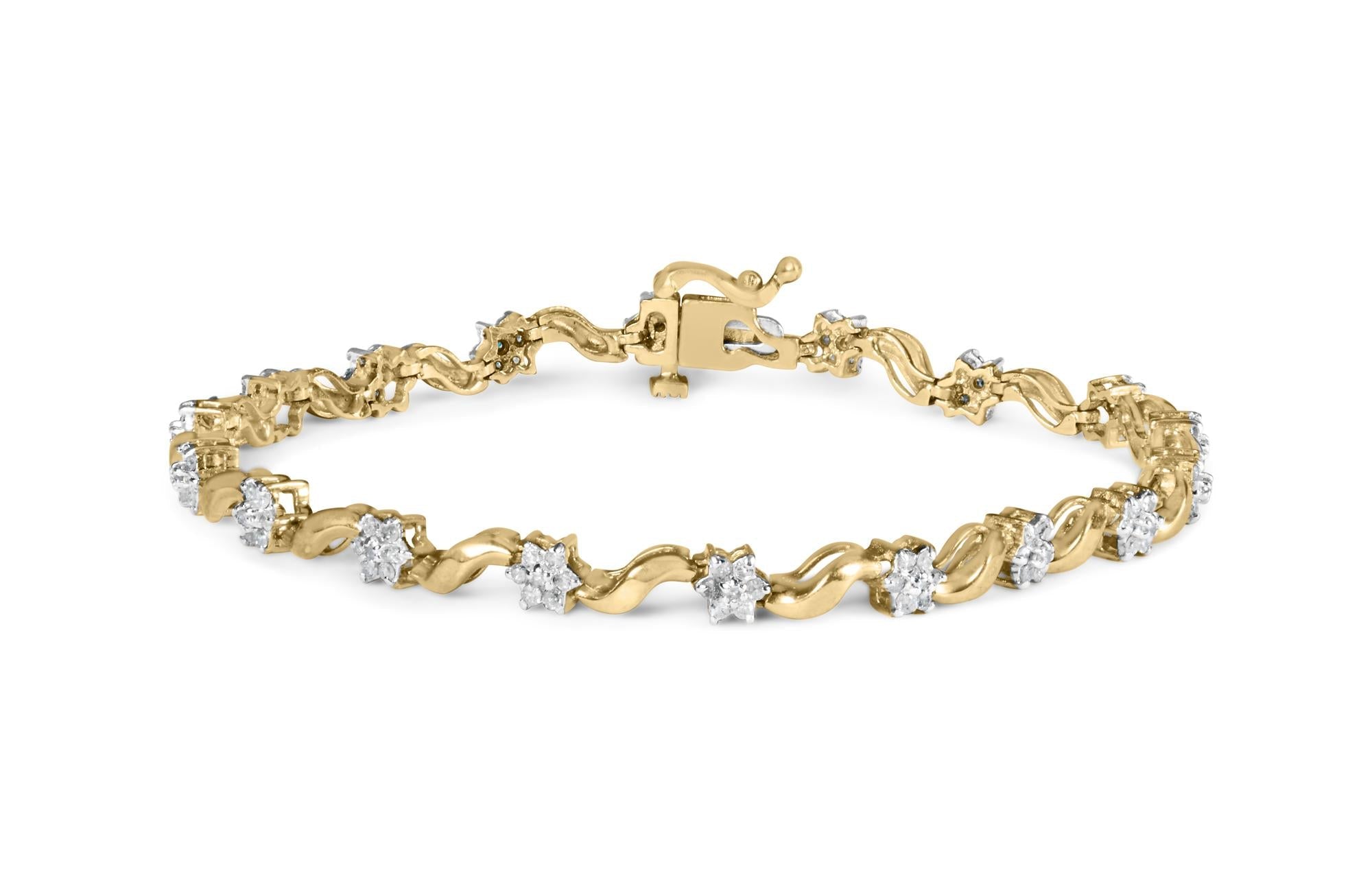 10k Yellow Gold 1.00 Cttw Round-Cut Diamond Floral S-Link 7.50" Bracelet (I-J Color, I2-I3 Clarity)-0
