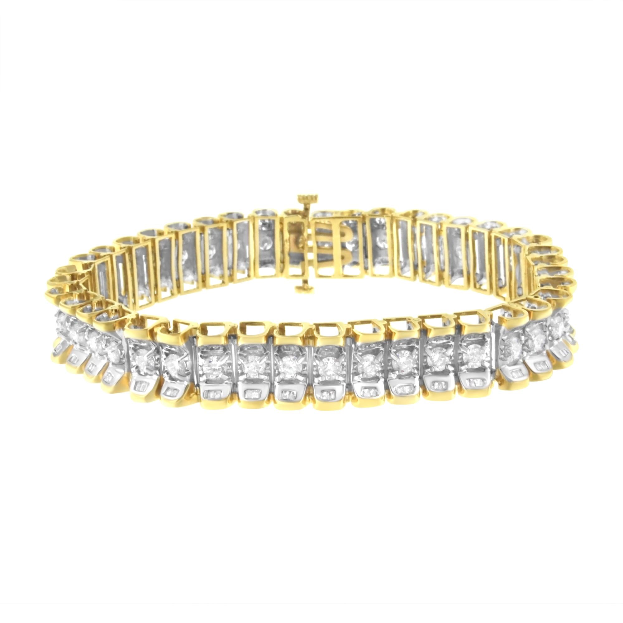 14K Yellow and White Gold 5.0 Cttw Round & Baguette Cut Diamond 7" Reflective Tennis Bracelet (H-I Color, I1-I2 Clarity)-0