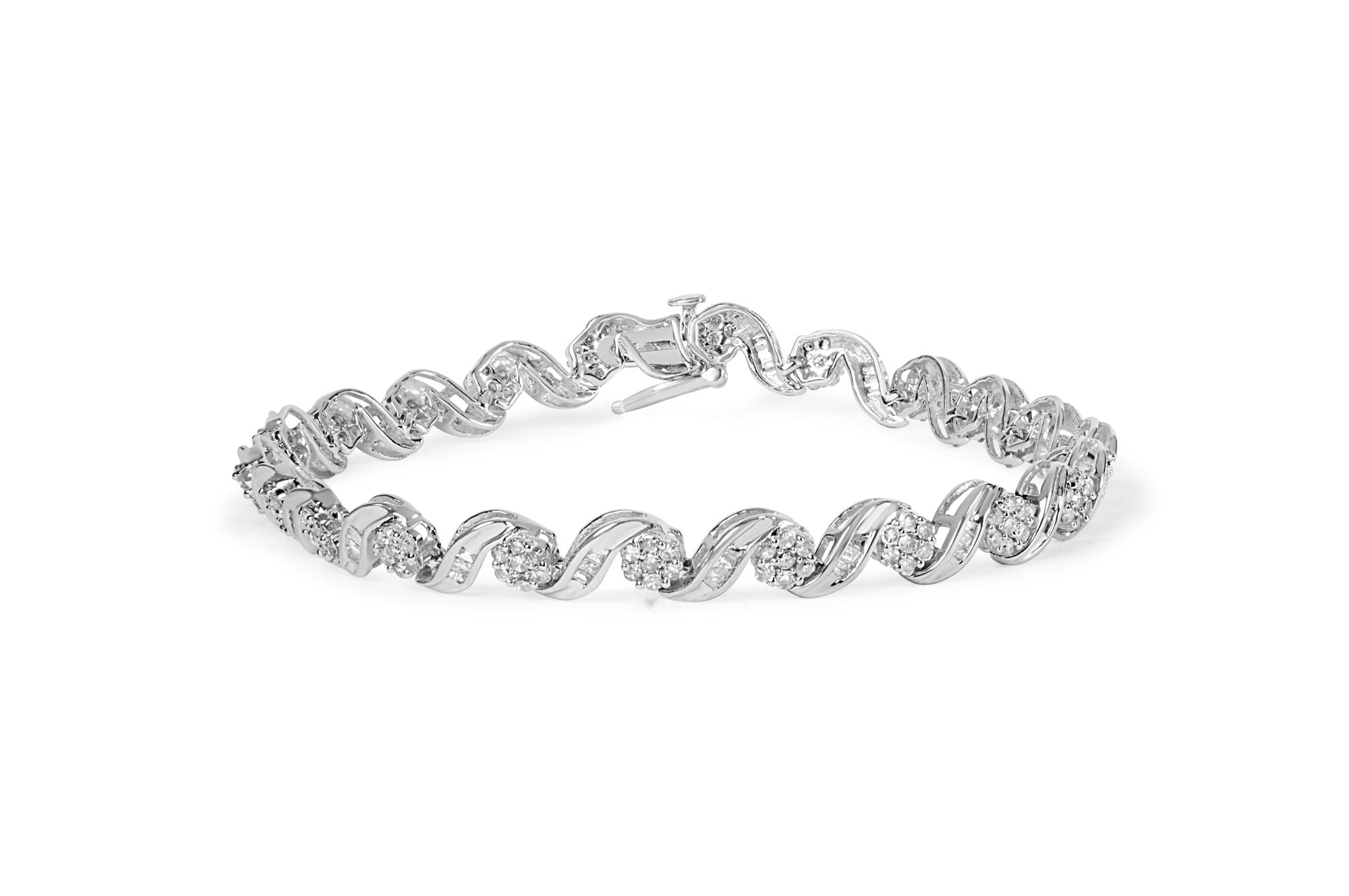 10K White Gold 2.00 Cttw Round-Cut and Baguette-Cut Diamond Floral Design Swirl Link 7" Bracelet (I-J Color, I1-I2 Clarity)-0
