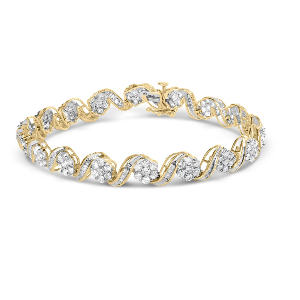 10k Yellow Gold 5.00 Cttw Round-Cut and Baguette-Cut Diamond Floral Link 7.25" Bracelet (I-J Color, I2-I3 Clarity)-0