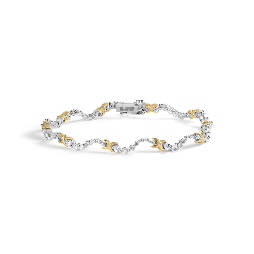 10K Two-Tone 2.00 Cttw Diamond "X" and Wave Link Bracelet (H-I Color, I1-I2 Clarity) - 7" Inches-0
