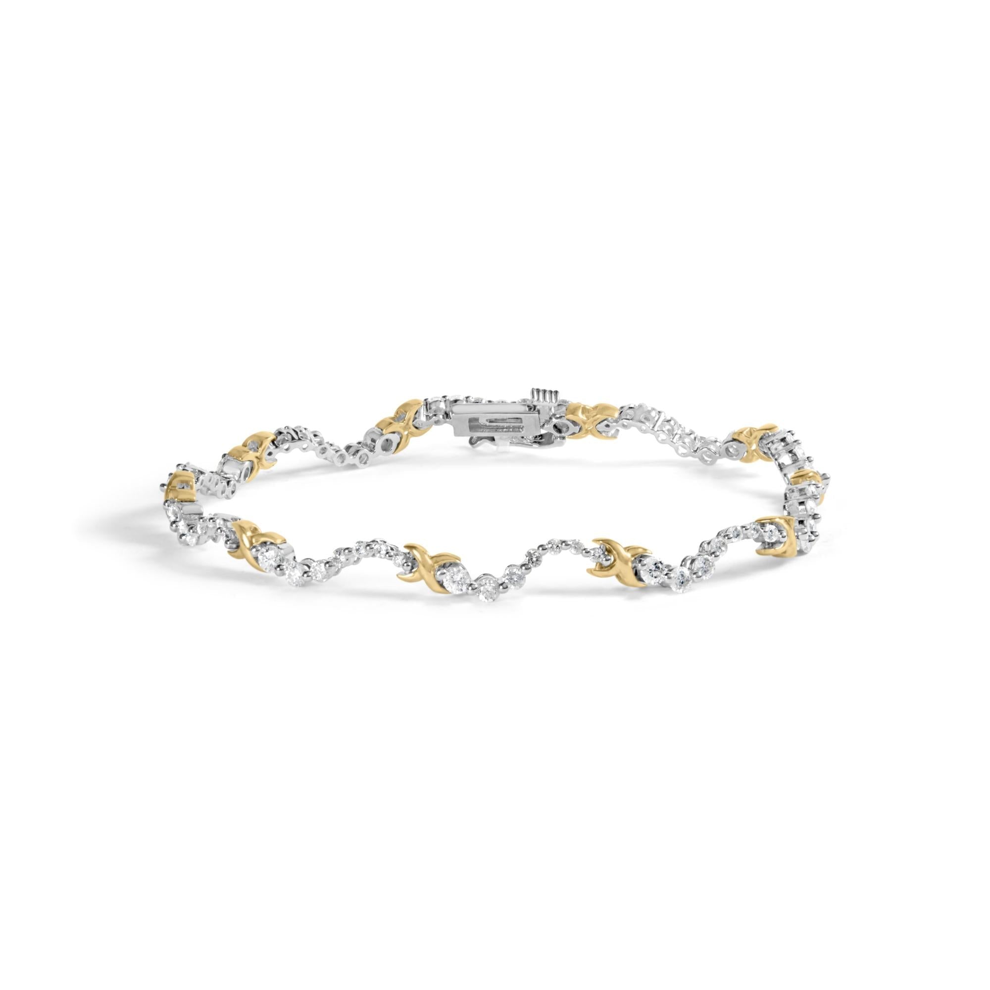 10K Two-Tone 2.00 Cttw Diamond "X" and Wave Link Bracelet (H-I Color, I1-I2 Clarity) - 7" Inches-0