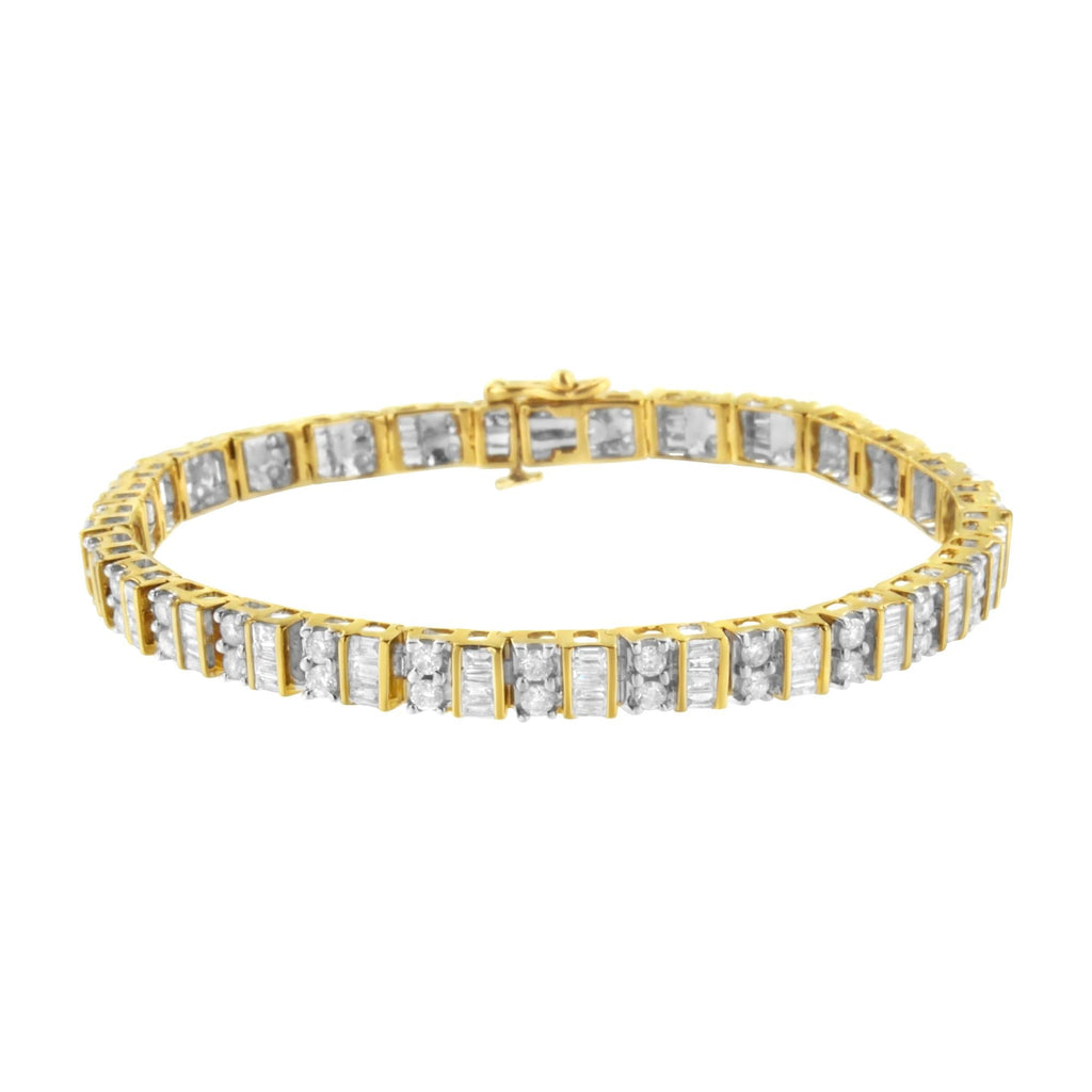 10K Yellow Gold 4.0 Cttw Alternating Baguette & Round Cut Diamond Bezel- & Prong-Set 7" Tennis Bracelet (G-H Color, SI1-SI2 Clarity)-0