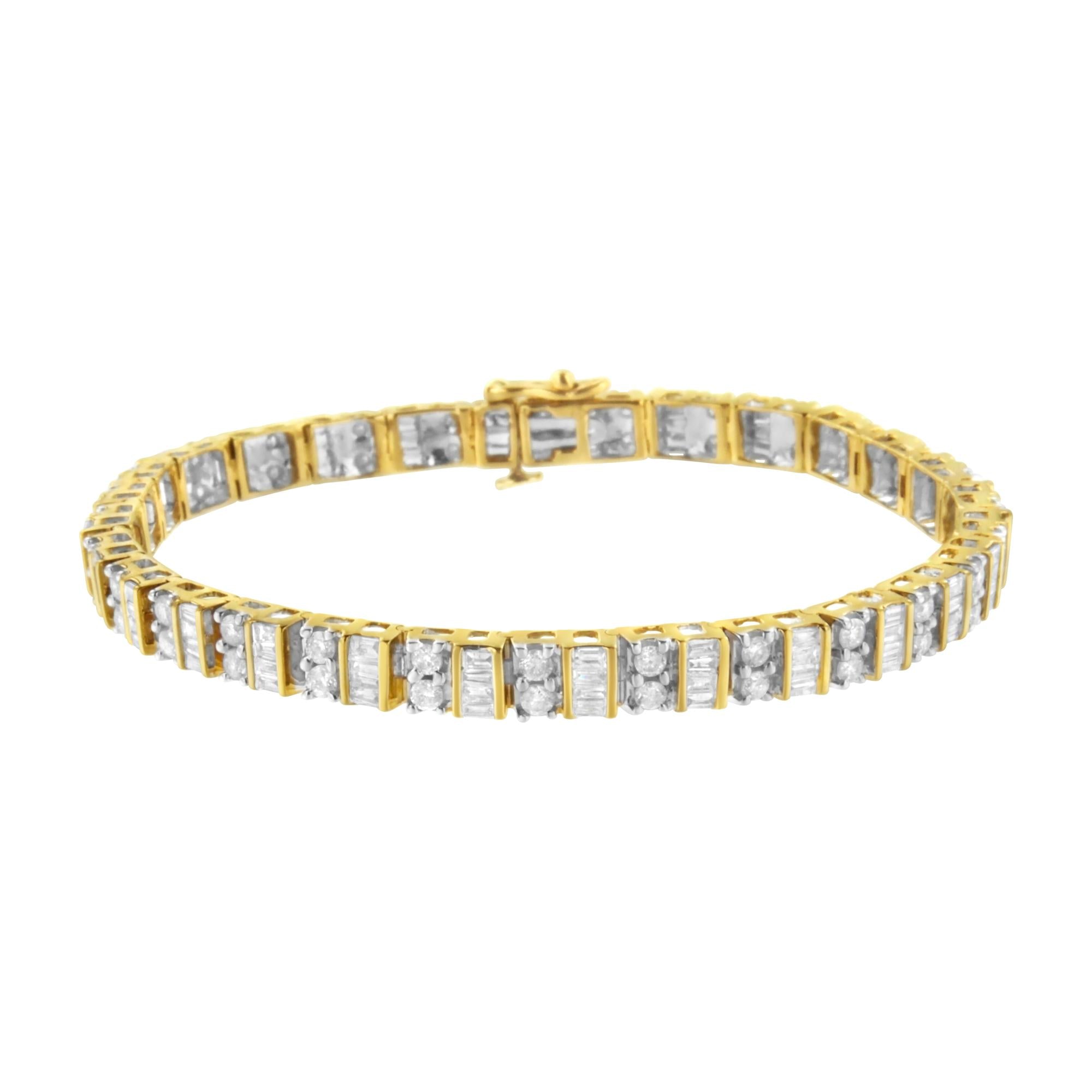 10K Yellow Gold 4.0 Cttw Alternating Baguette & Round Cut Diamond Bezel- & Prong-Set 7" Tennis Bracelet (G-H Color, SI1-SI2 Clarity)-0